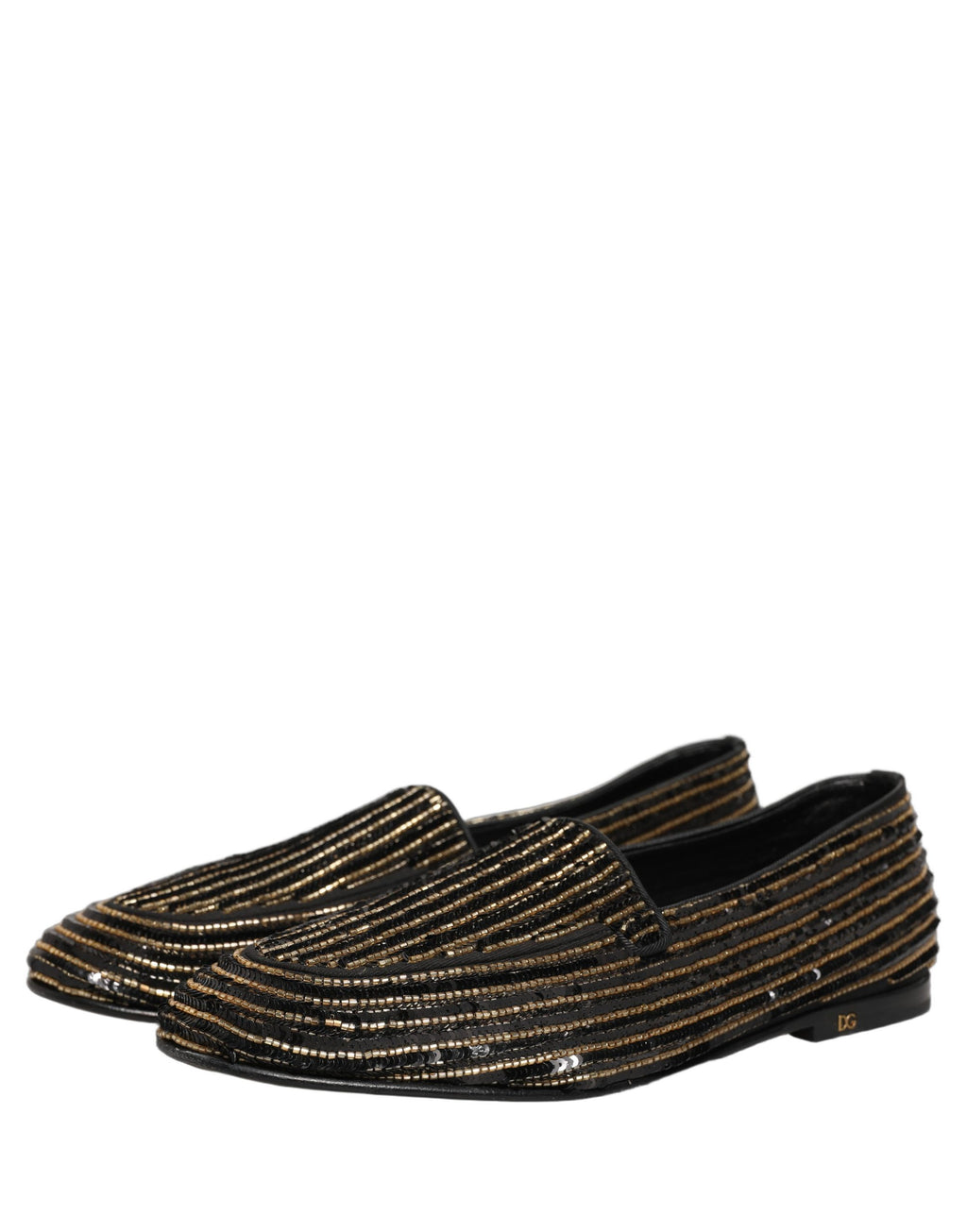 Chaussures mocassins pour homme Dolce & Gabbana noires avec sequins dorés, élégantes et brillantes.