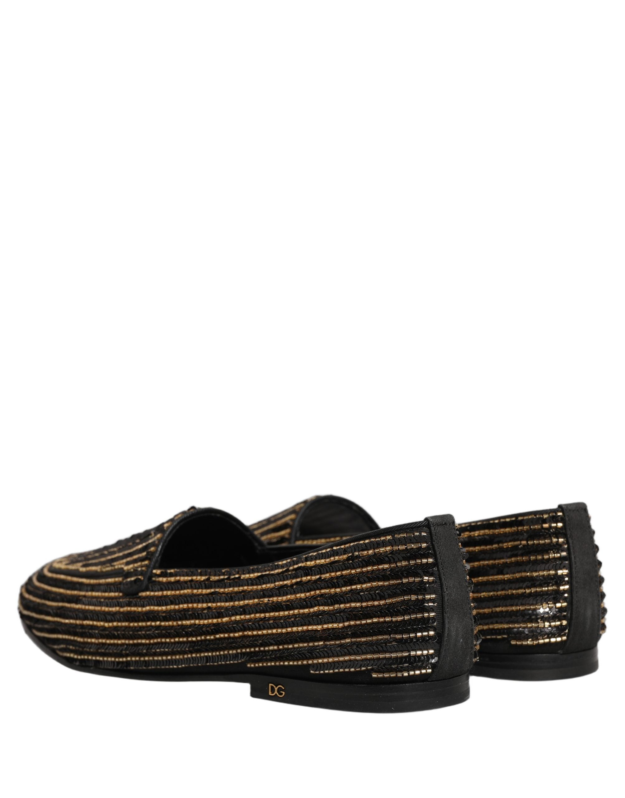 Chaussures mocassins pour hommes Dolce & Gabbana noires avec sequins dorés, élégantes et brillantes, en satin noir.
