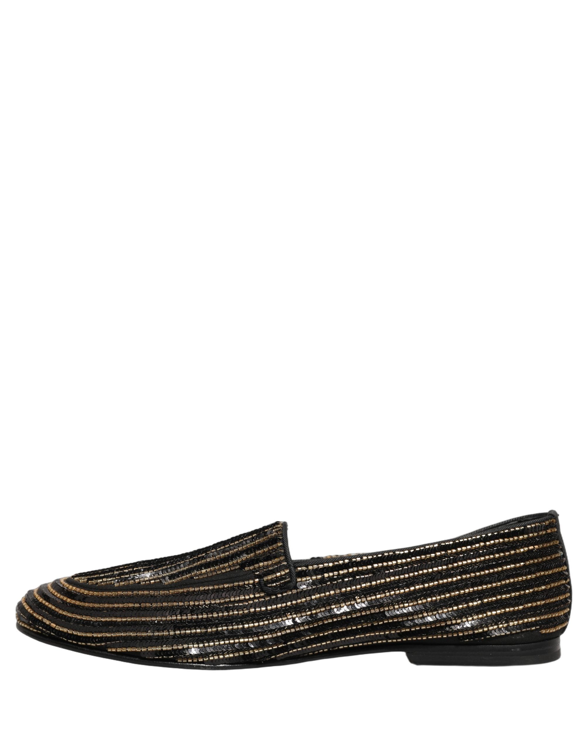 Chaussures mocassins pour homme Dolce & Gabbana noires avec sequins dorés et détails élégants.