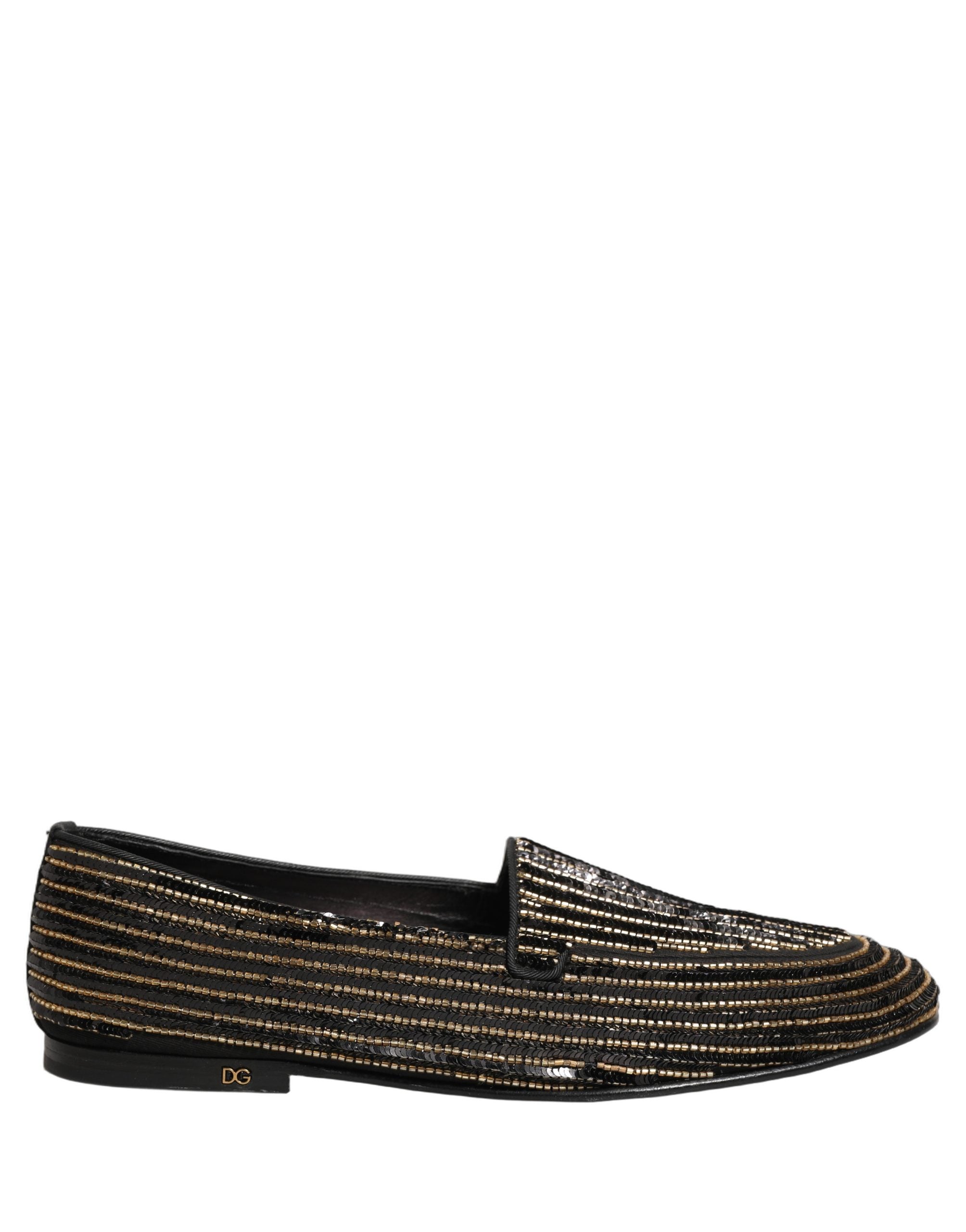 Chaussures loafers pour homme Dolce & Gabbana noires avec sequins dorés, élégantes et brillantes pour homme.