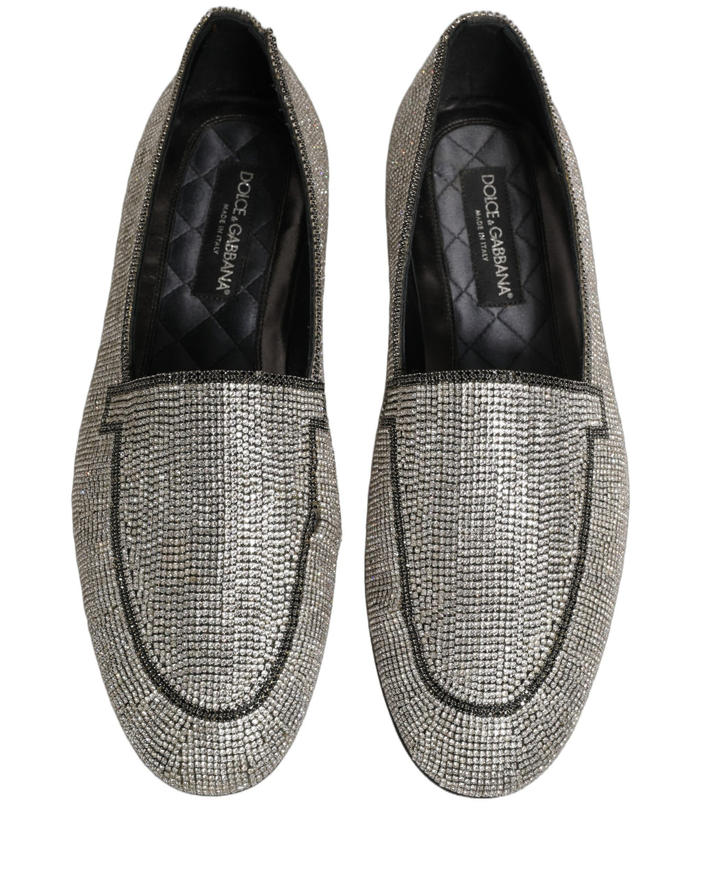 Chaussures loafers pour homme Dolce & Gabbana en argent avec cristaux brillants, finition élégante et sophistiquée.