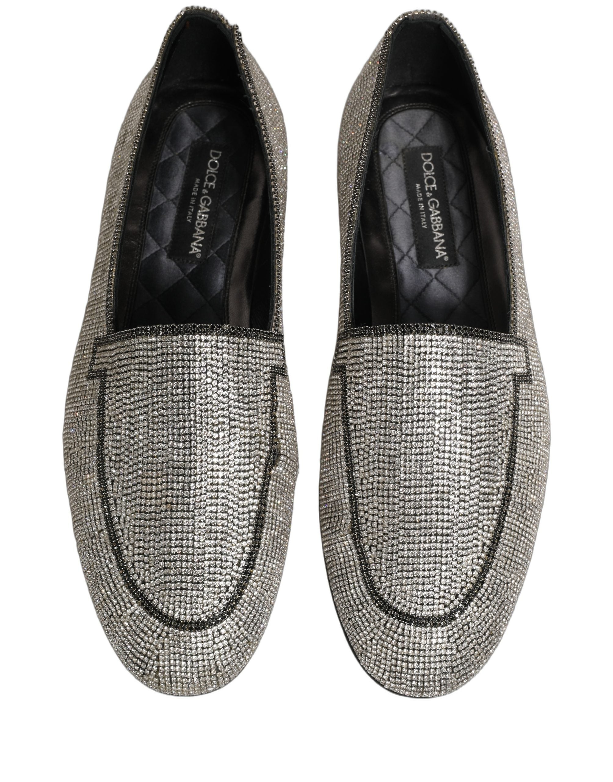 Chaussures loafers pour homme Dolce & Gabbana en argent avec cristaux brillants, finition élégante et sophistiquée.