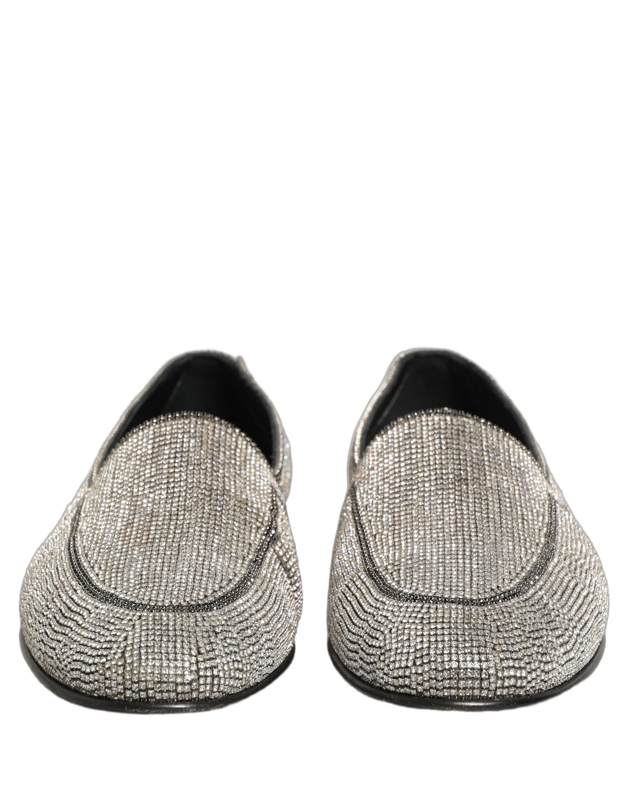 Chaussures homme mocassins Dolce & Gabbana en argent avec cristaux scintillants, élégantes et luxueuses.