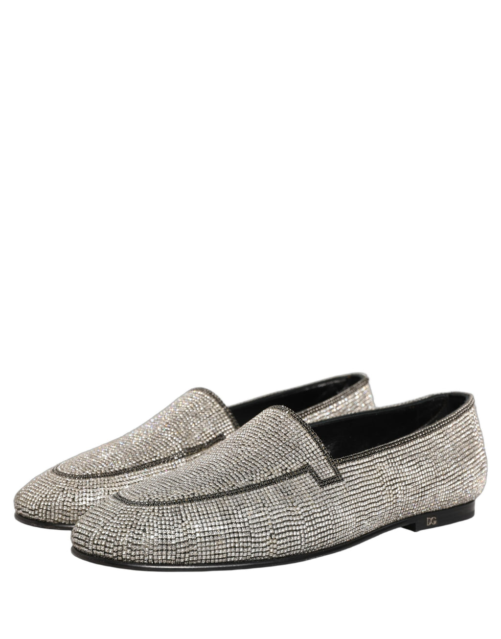 Chaussures mocassins pour hommes Dolce & Gabbana en argent avec cristaux brillants, élégantes et sophistiquées.