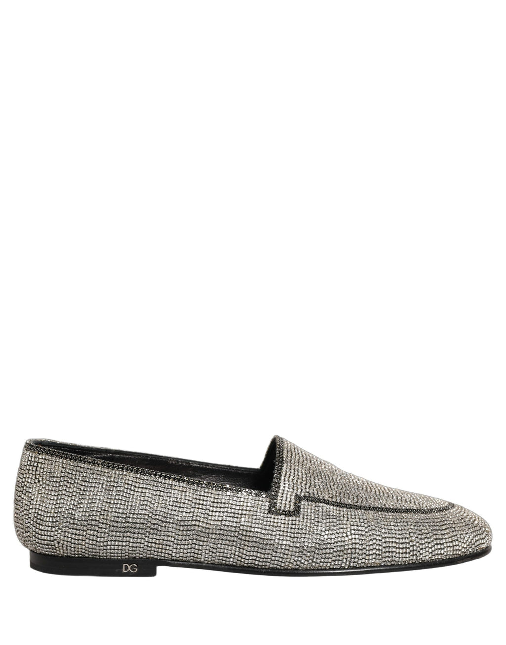 Chaussures mocassins pour homme Dolce & Gabbana en argent avec cristaux brillants, élégantes et sophistiquées.