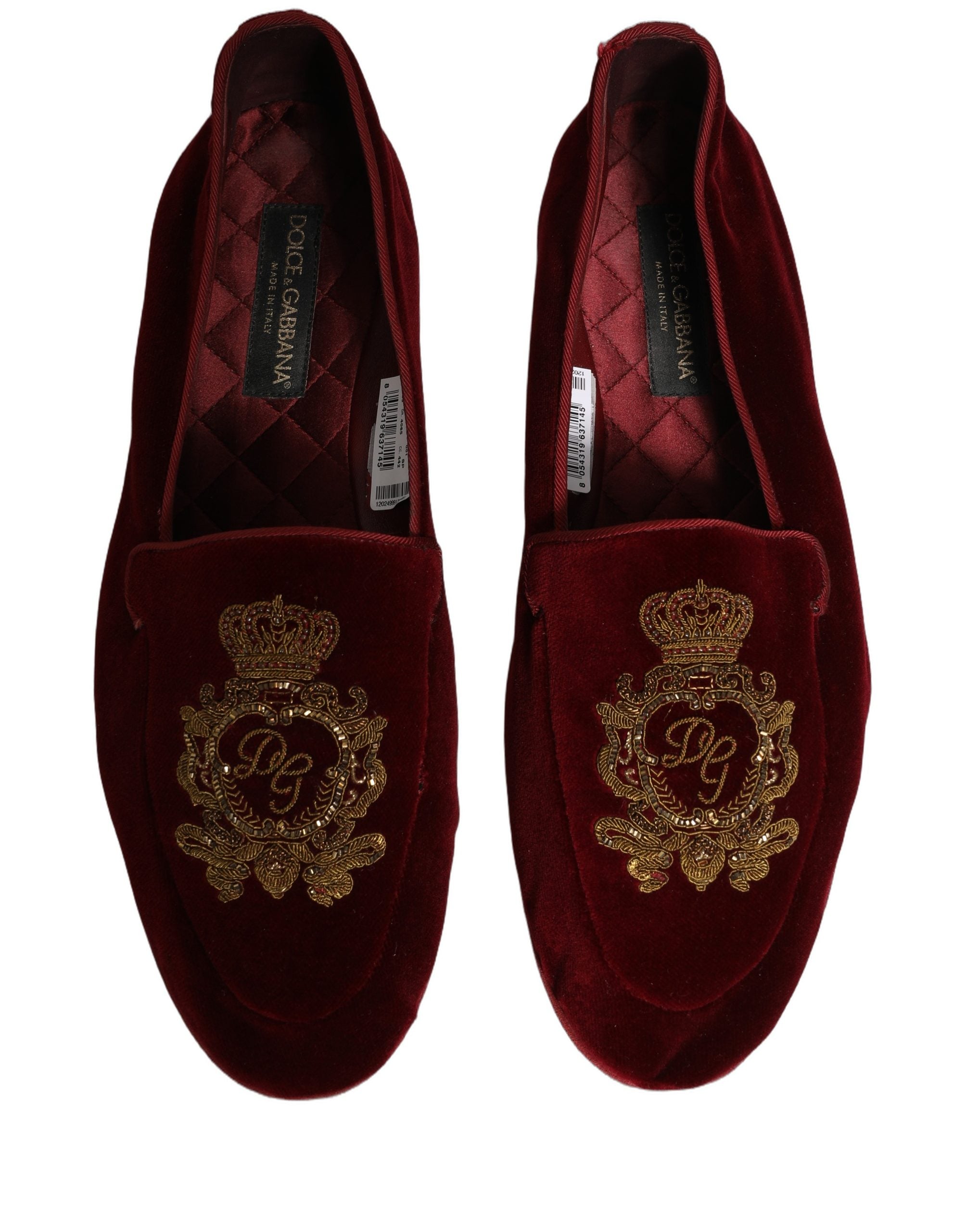 Chaussures mocassins en velours bordeaux Dolce & Gabbana avec broderie de couronne élégante, pour un style sophistiqué.