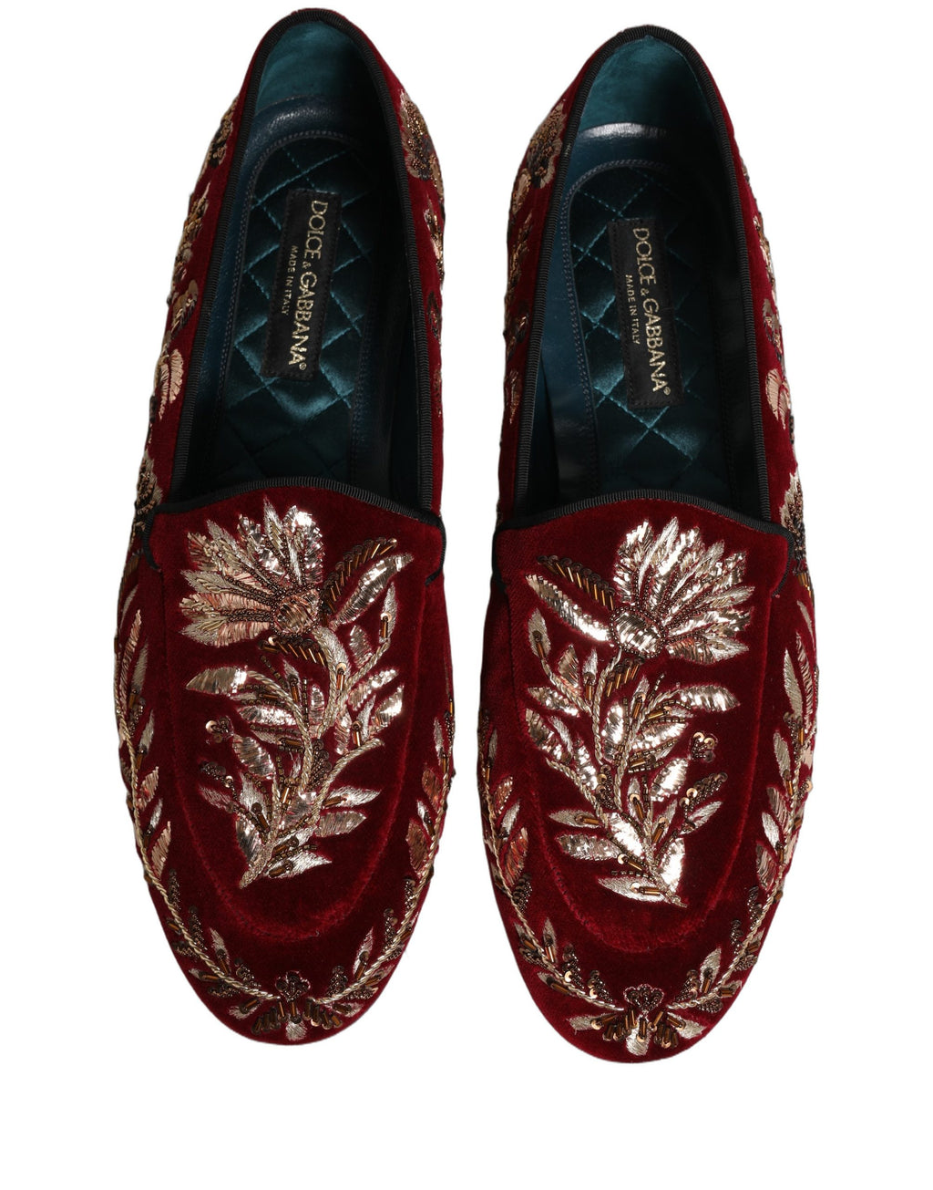Chaussures loafers Dolce & Gabbana en velours rouge avec broderie florale, élégantes et sophistiquées.