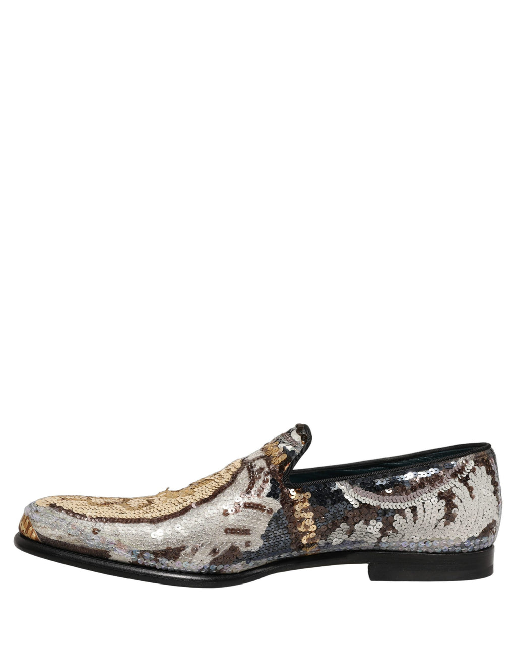 Chaussures mocassins Dolce & Gabbana à sequins multicolores et broderies, élégantes et colorées, vues de face.