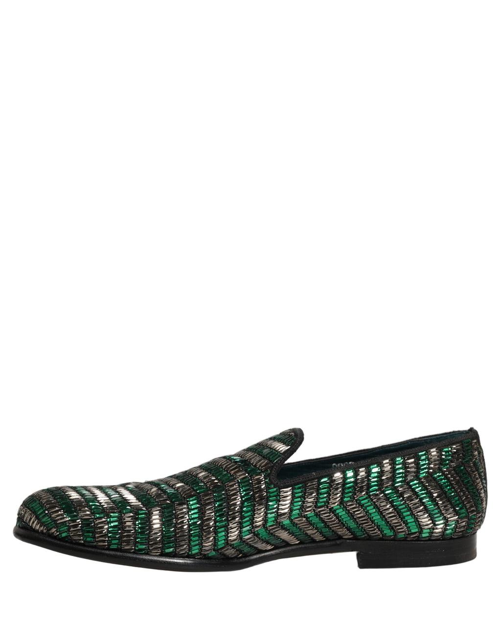 Chaussures Loafers Dolce & Gabbana en argent et vert ornées de détails embellis, style élégant et sophistiqué.