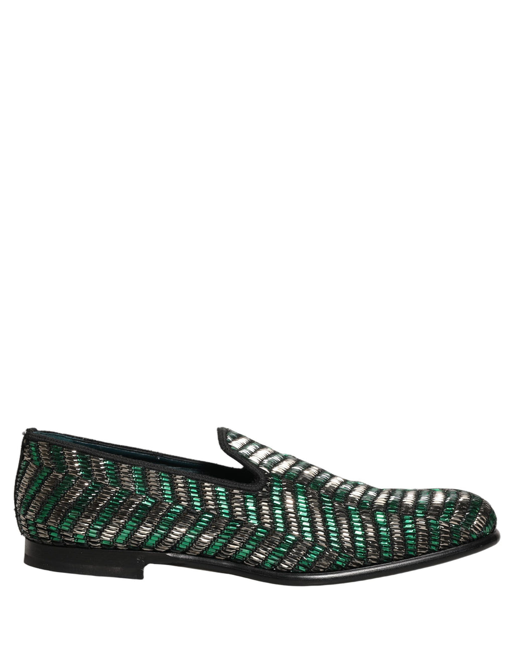 Chaussures loafers Dolce & Gabbana en argent et vert avec embellissements, style élégant et sophistiqué.