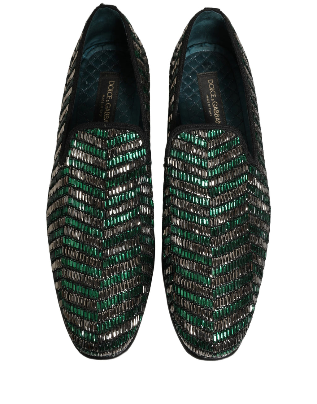 Chaussures loafers Dolce & Gabbana en argent et vert ornées de broderies et embellissements élégants.