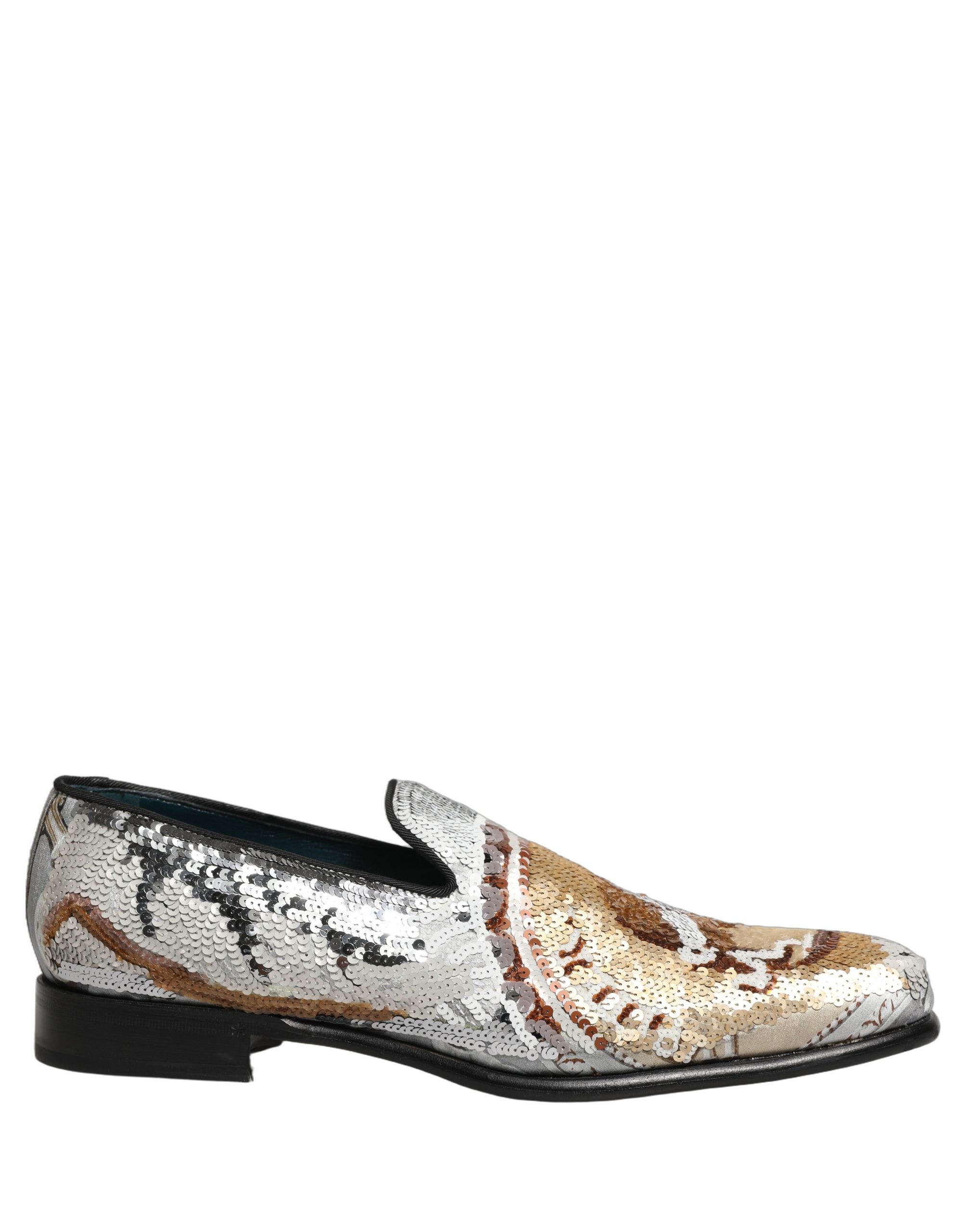 Chaussures mocassins Dolce & Gabbana blanches en or avec sequins, style slip-on élégants pour femme.