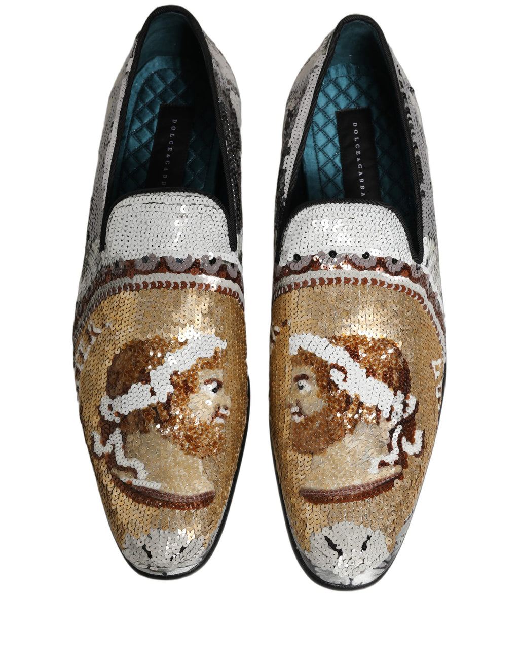 Chaussures mocassins Dolce & Gabbana blanches en or avec sequins, style slip-on élégante et tendance.