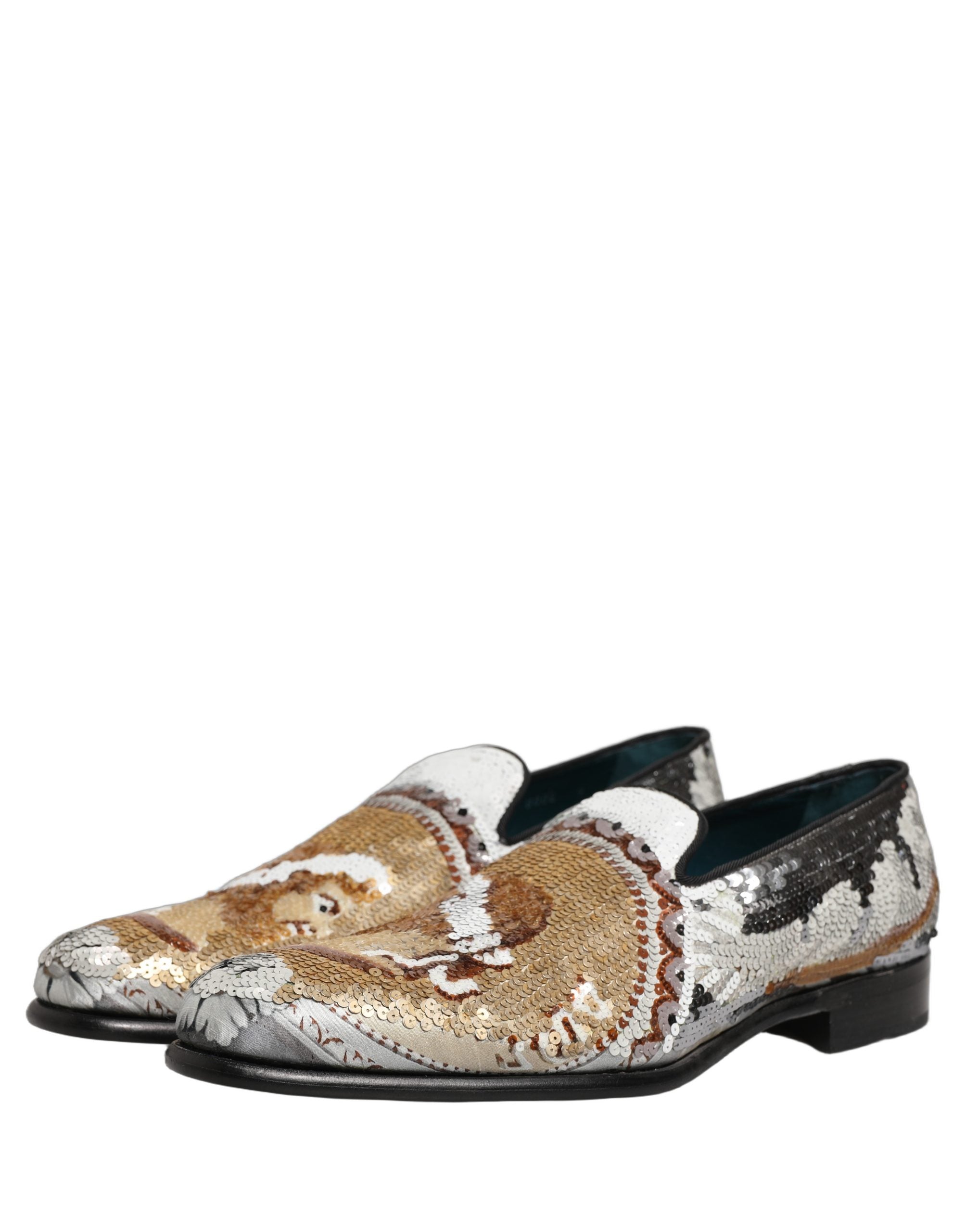 Chaussures mocassins Dolce & Gabbana blanches à sequins en or, slip-on élégants et brillants pour femmes.