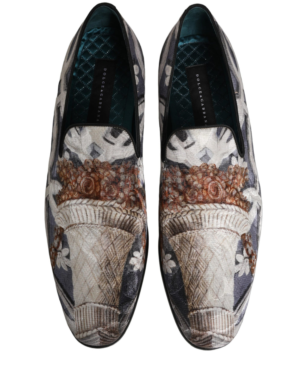 Chaussures loafers Dolce & Gabbana en toile multicolore avec broderie florale et tapisserie, détails colorés et élégants.