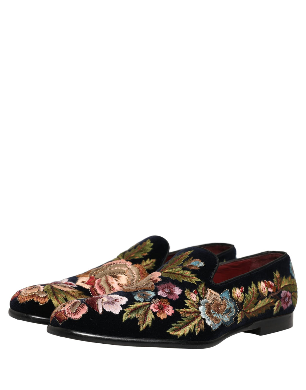 Chaussures loafers en velours noir Dolce & Gabbana avec broderies florales élégantes, finition raffinée.
