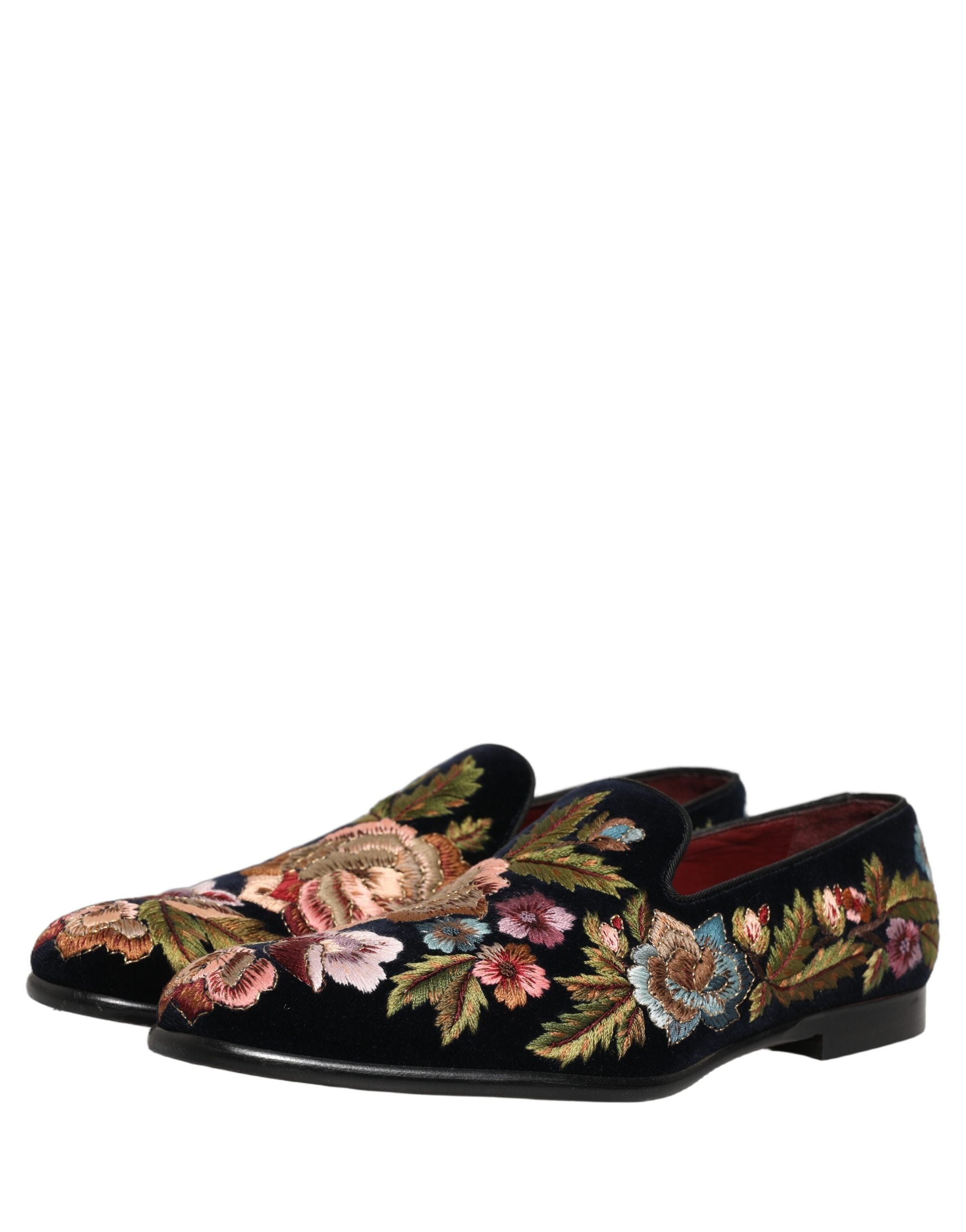 Chaussures loafers en velours noir Dolce & Gabbana avec broderies florales élégantes, finition raffinée.