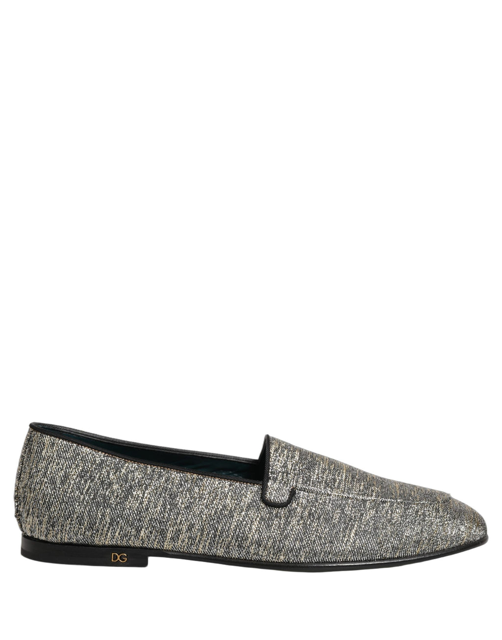 Chaussures Dolce & Gabbana en daim gris avec logo DG brillant et détails lurex, style élégant et sophistiqué.