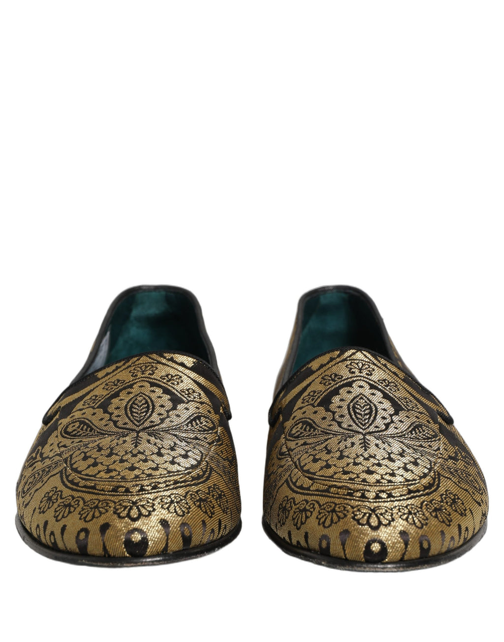 Chaussures mocassins Dolce & Gabbana en jacquard doré et cuir, style slip-on élégant et sophistiqué.