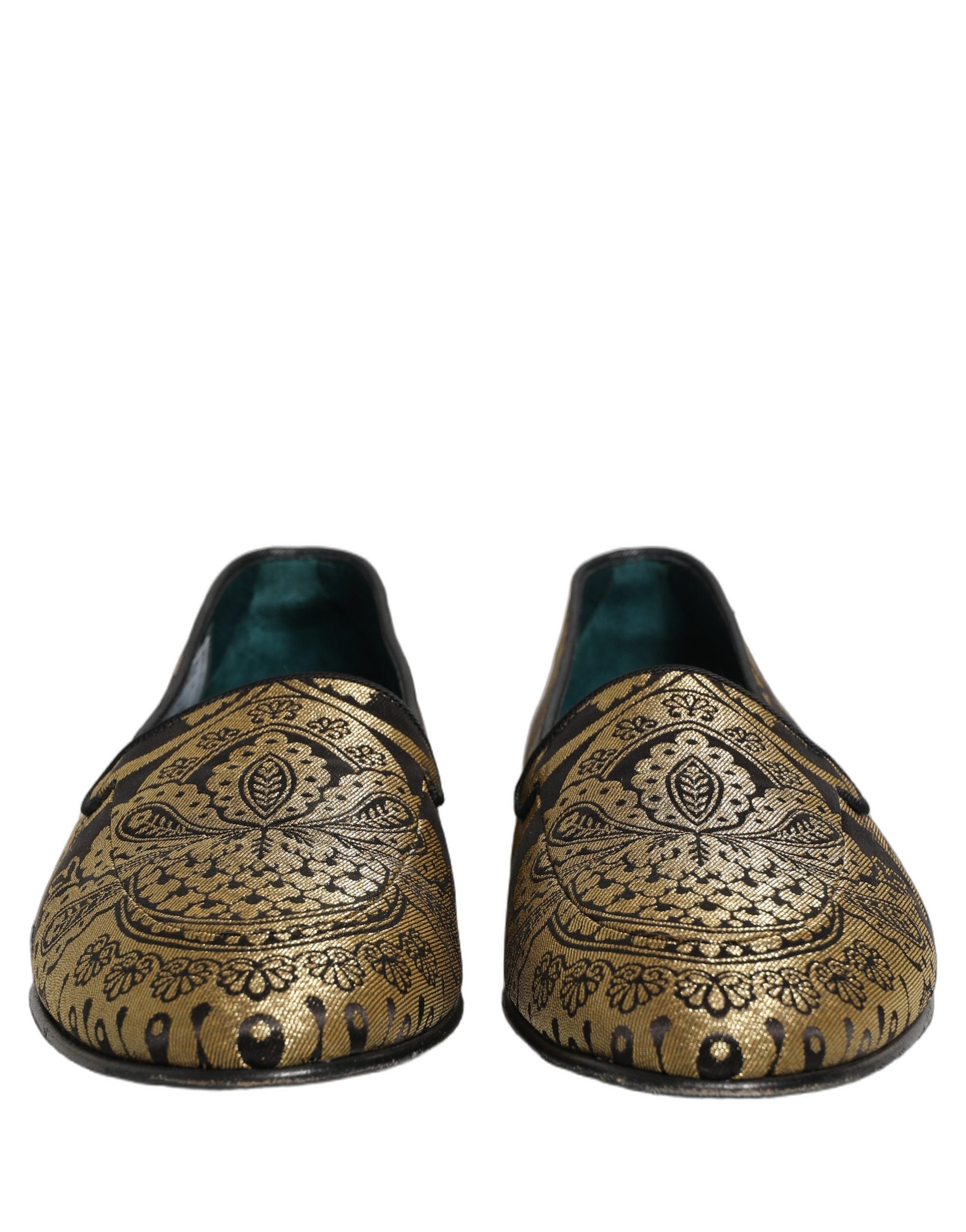 Chaussures mocassins Dolce & Gabbana en jacquard doré et cuir, style slip-on élégant et sophistiqué.