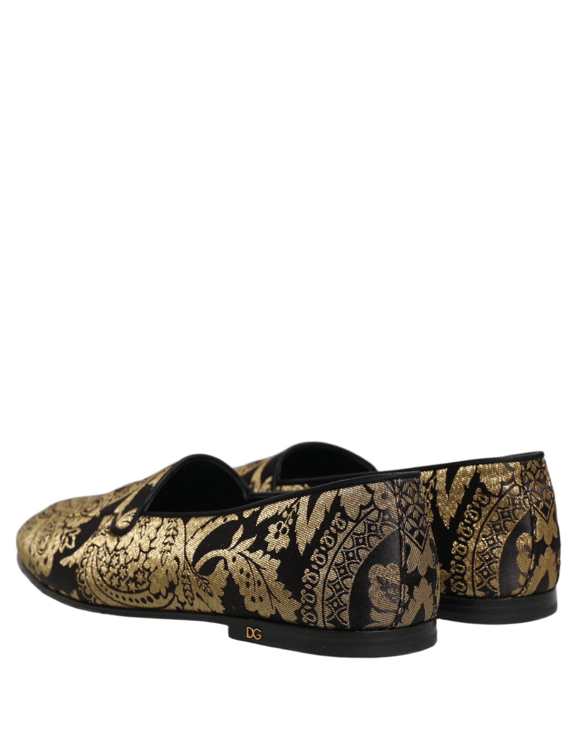 Chaussures mocassins Dolce & Gabbana en jacquard doré avec cuir, slip-on élégant pour homme.
