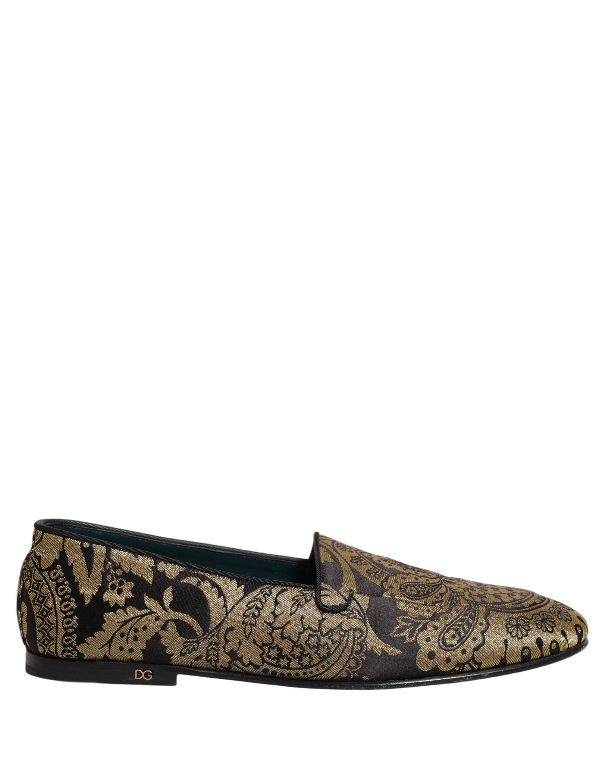 Chaussures mocassins Dolce & Gabbana en jacquard doré et cuir, slip-on élégants pour homme.