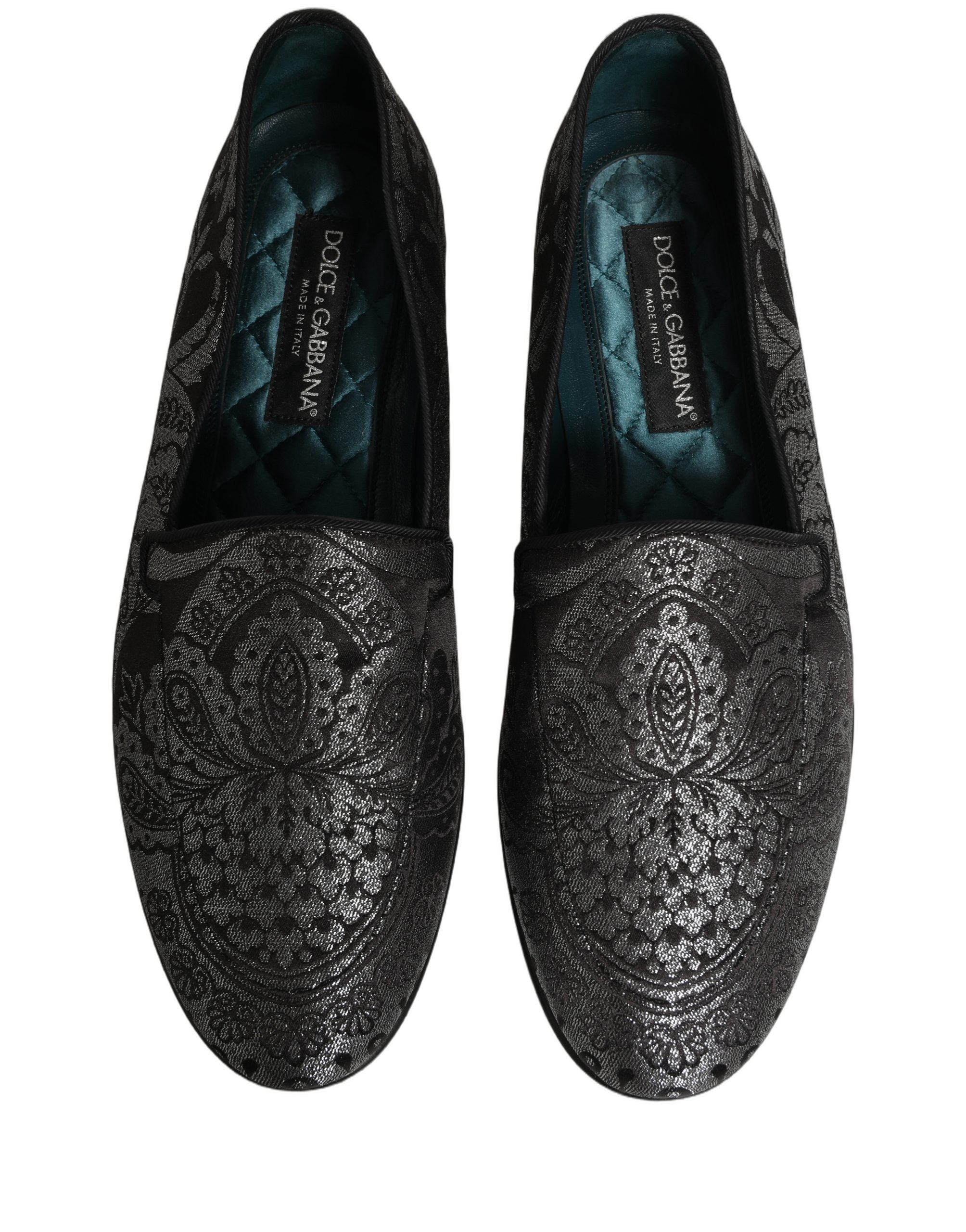Chaussures mocassins Dolce & Gabbana en jacquard argenté et cuir, slip-on élégants avec finition raffinée.