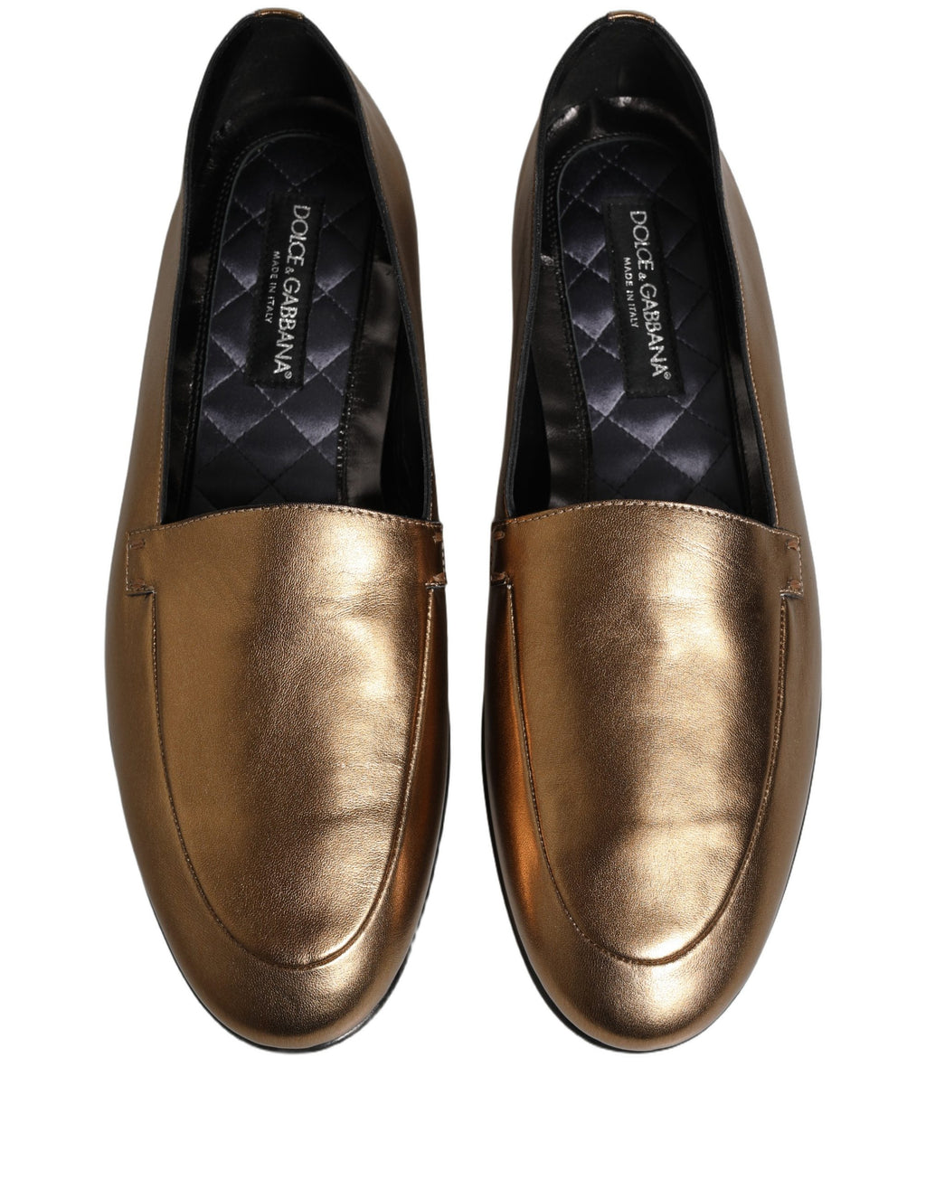 Chaussures loafers pour homme Dolce & Gabbana en cuir doré avec logo DG, modèles slip-on élégants et sophistiqués.