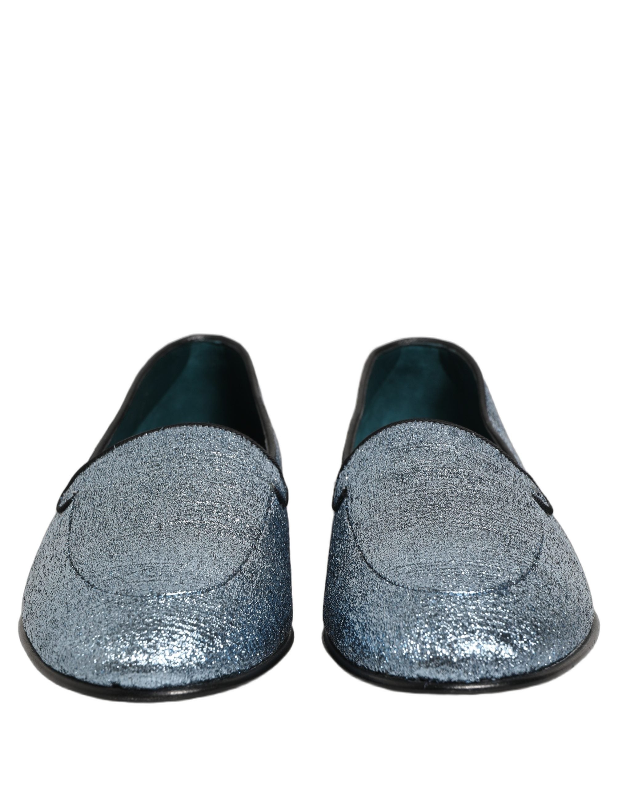Chaussures loafers Dolce & Gabbana en glitter bleu lurex avec logo DG, élégantes et brillantes.