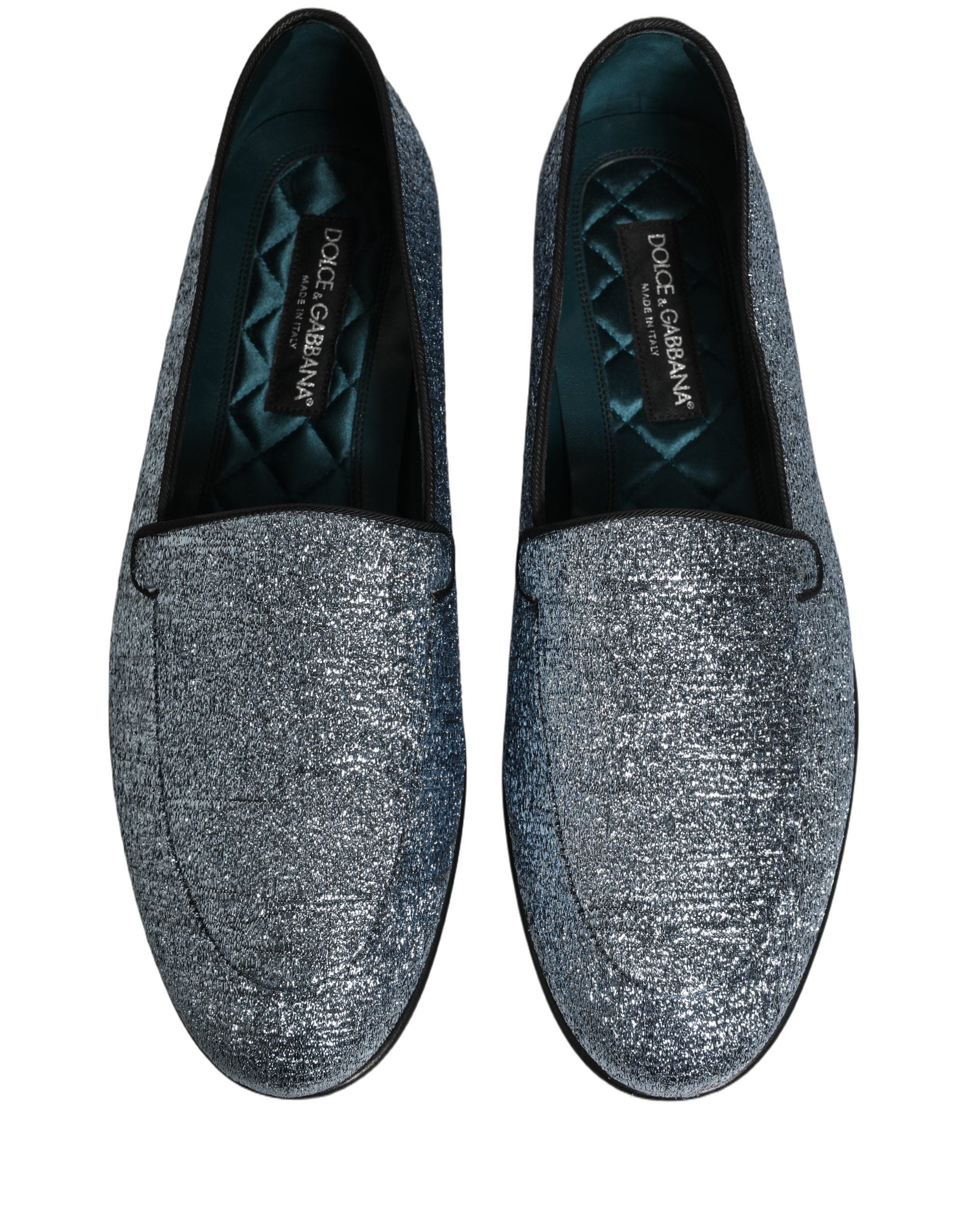 Chaussures Dolce & Gabbana, loafers en cuir bleu avec logo DG, paillettes et lurex, style élégant et brillant.
