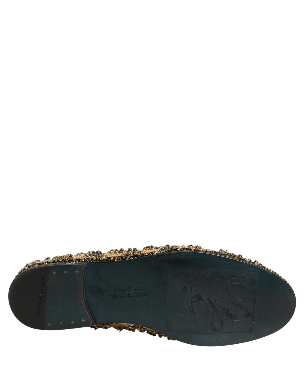 Chaussures mocassins Dolce & Gabbana dorés à sequins ornés de broderies brillantes, pour un style élégant et sophistiqué.