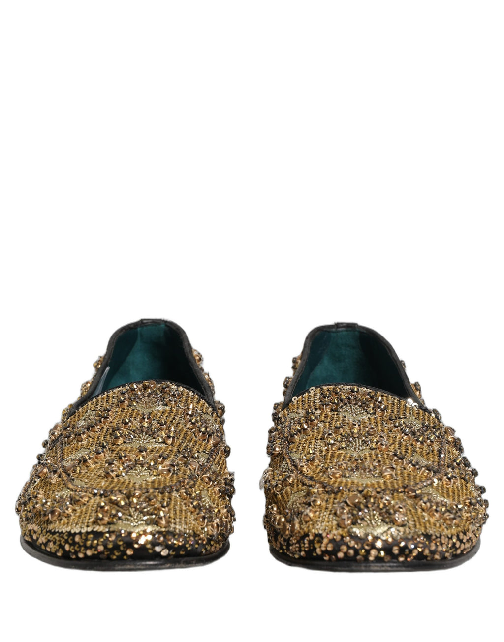 Chaussures loafers Dolce & Gabbana dorées avec sequins et embellissements, style élégant et brillant.