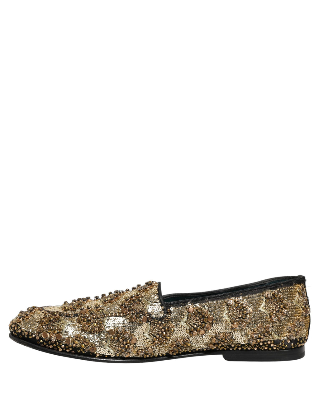 Chaussures Dolce & Gabbana en daim doré à sequins embellis, style loafers élégants pour femmes.