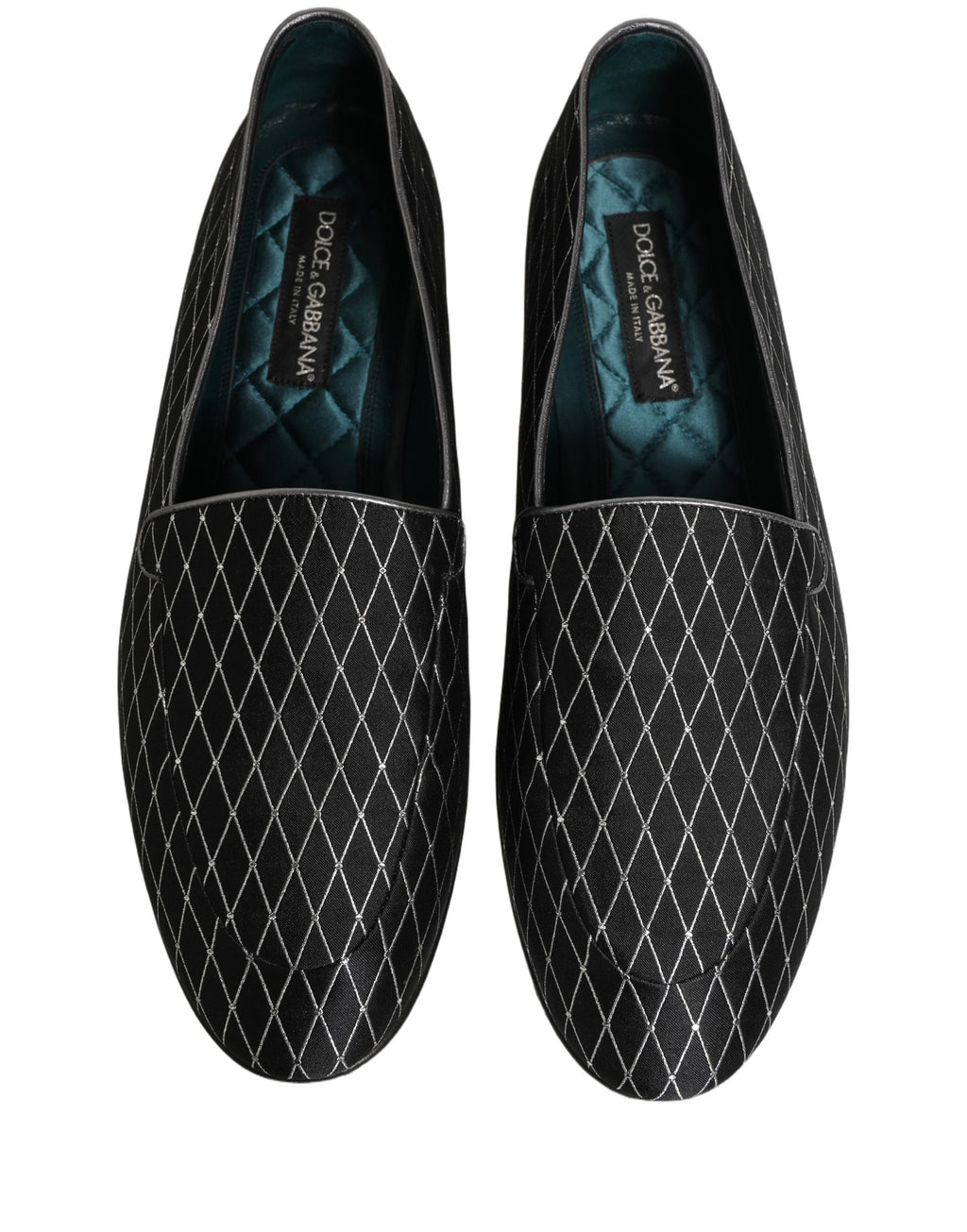 Chaussures loafers en velours noir Dolce & Gabbana avec broderie en diamant et couture sophistiquée, vues de face.