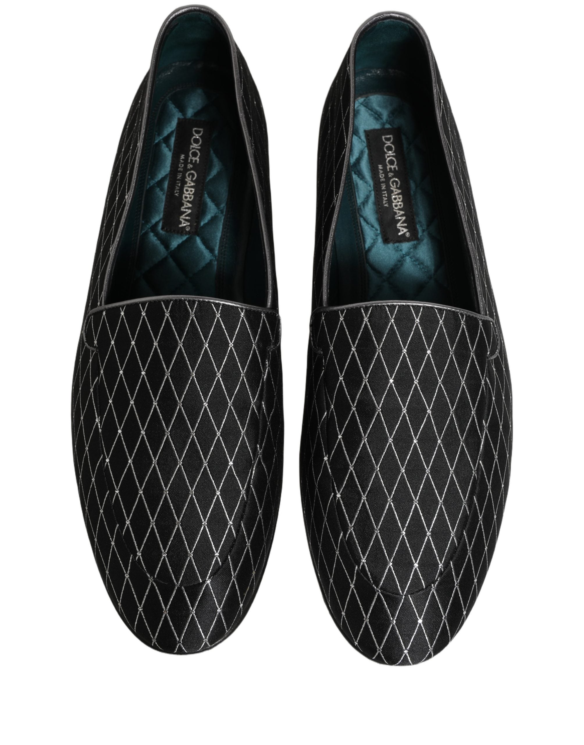 Chaussures loafers en velours noir Dolce & Gabbana avec broderie en diamant et couture sophistiquée, vues de face.
