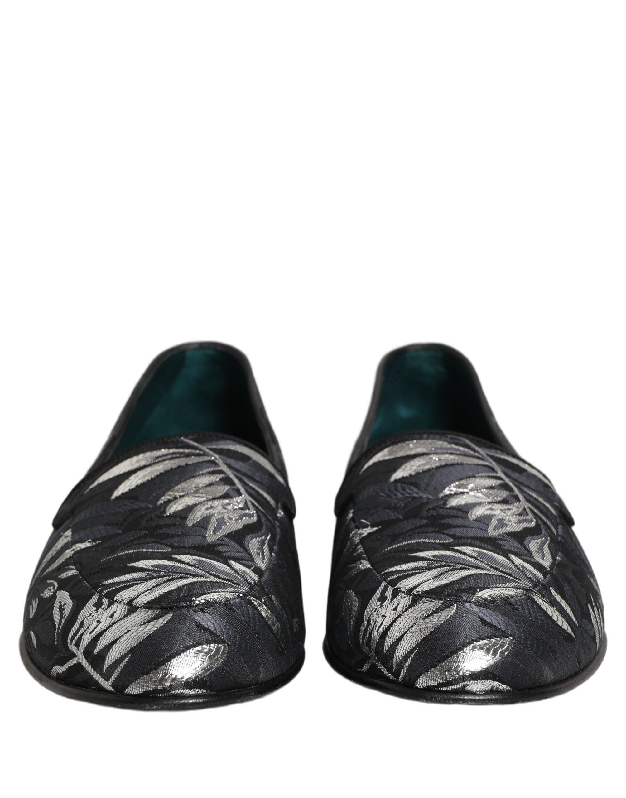 Chaussures loafers Dolce & Gabbana en cuir noir avec broderie de feuilles, élégantes et sophistiquées pour homme.
