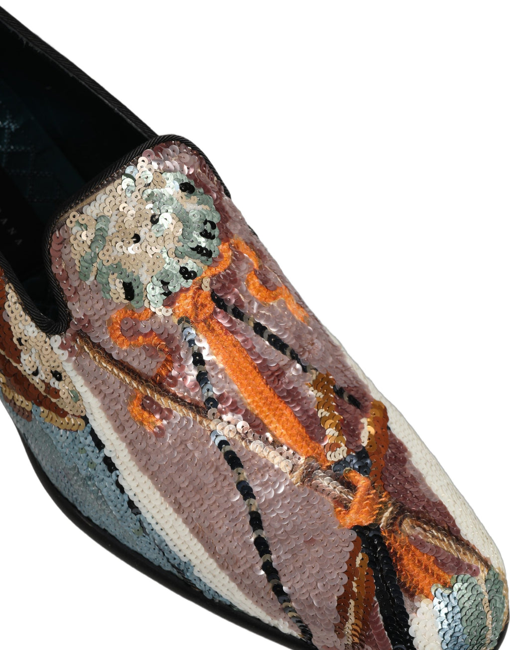 Chaussures mocassins Dolce & Gabbana à sequins brodés multicolores, style élégant et sophistiqué.