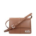 Sac bandoulière en polyéthylène marron de Karl Lagerfeld, avec logo et poignée ajustable, vue de face.