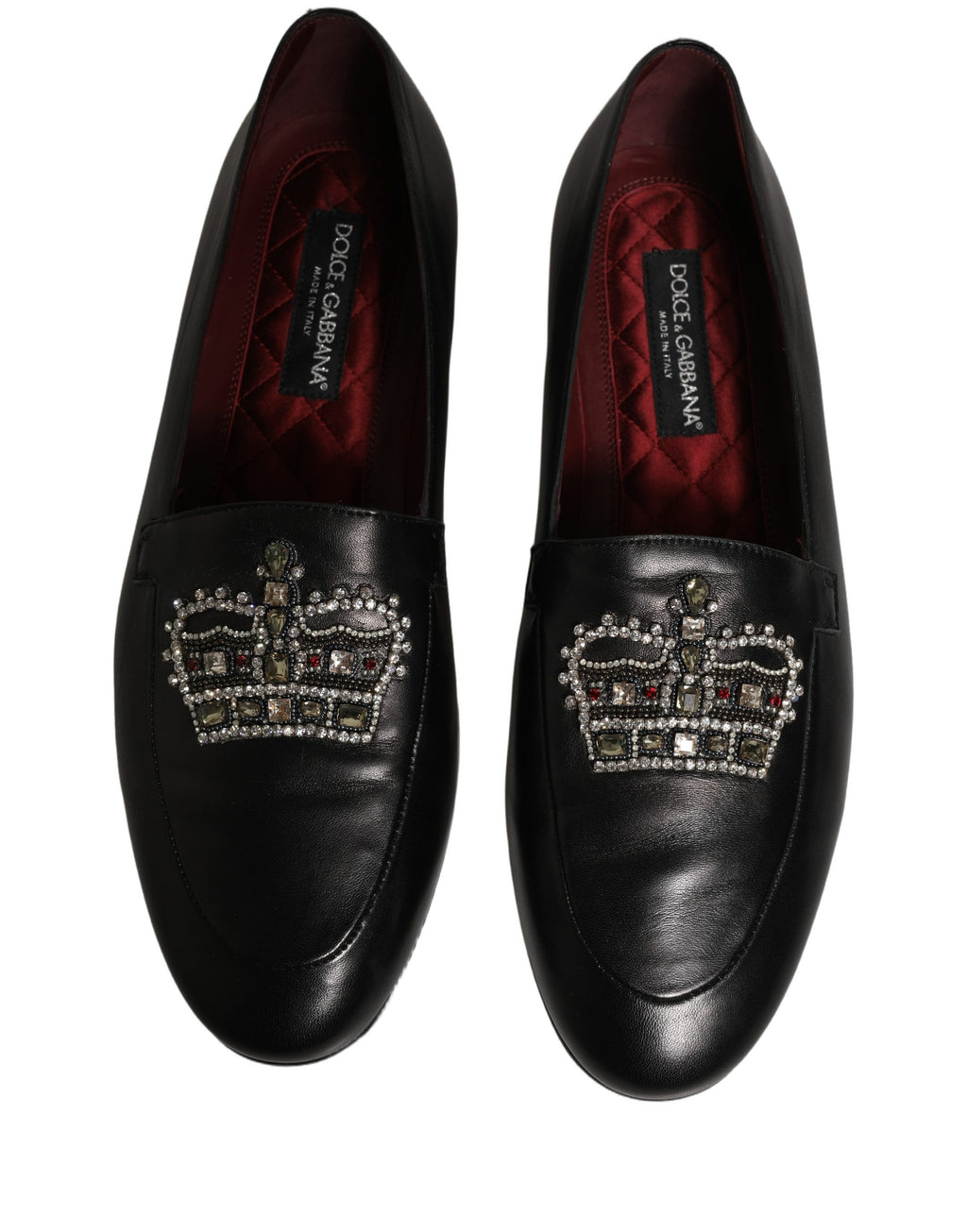 Chaussures mocassins Dolce & Gabbana en cuir noir avec couronne ornée, style élégant et sophistiqué.