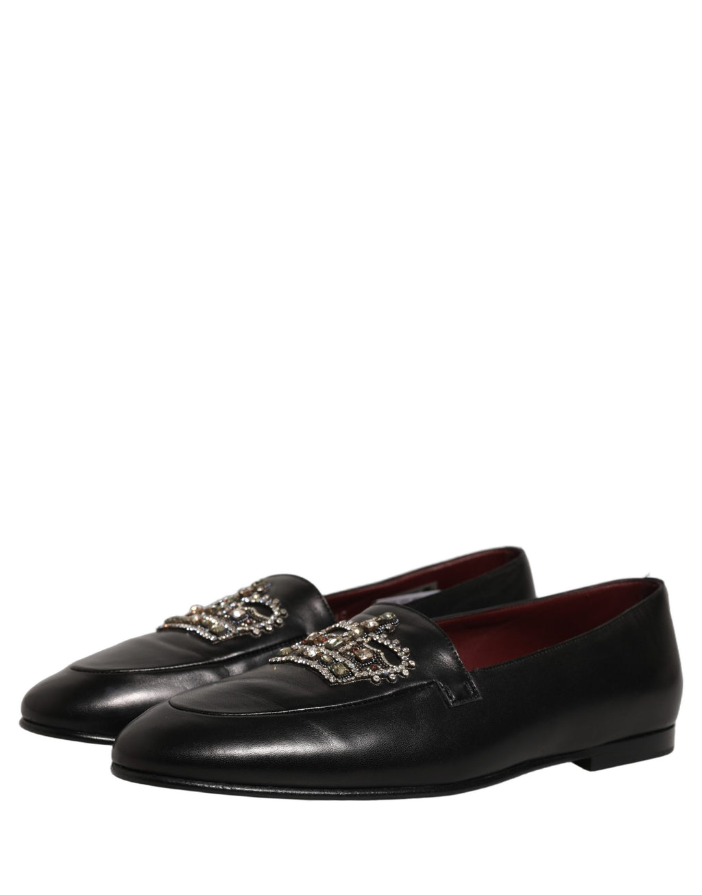 Mocassins en cuir noir Dolce & Gabbana avec couronne ornée de bijoux, élégants et sophistiqués pour femme.