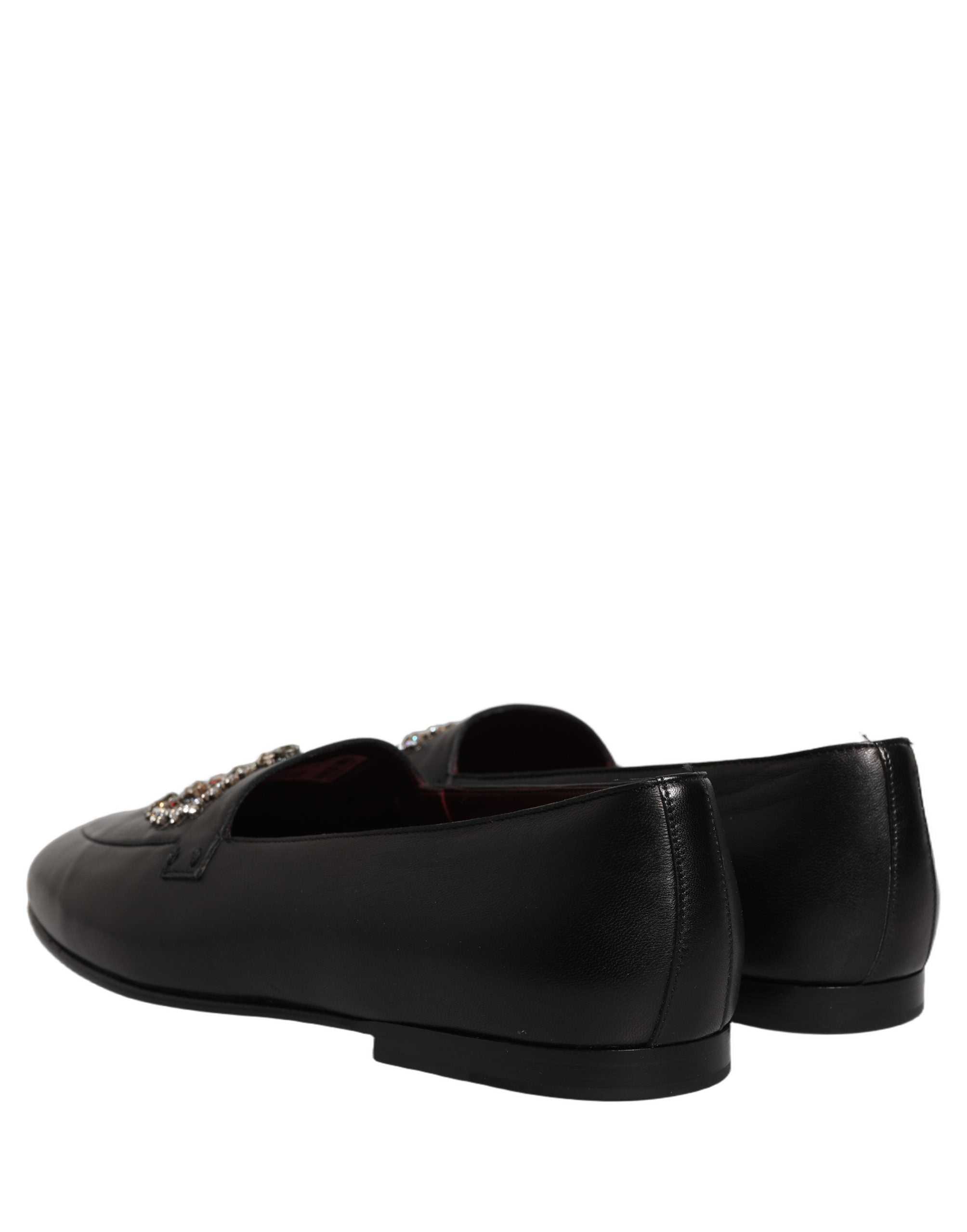Chaussures mocassins en cuir noir Dolce & Gabbana avec couronne ornée de bijoux brillant, pour un style élégant et sophistiqué