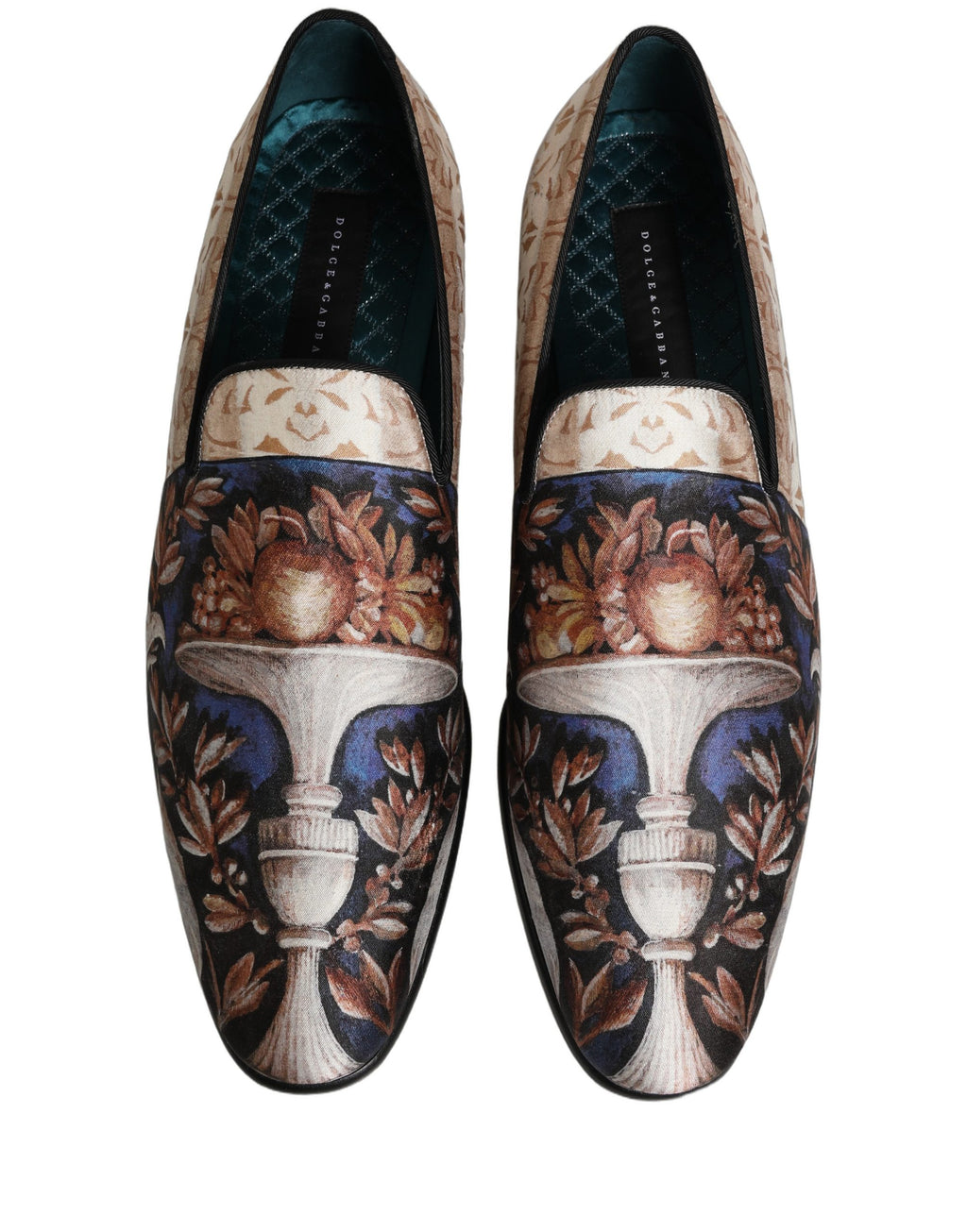 Chaussures mocassins Dolce & Gabbana en velours avec motif fruit multicolore, élégantes et colorées.