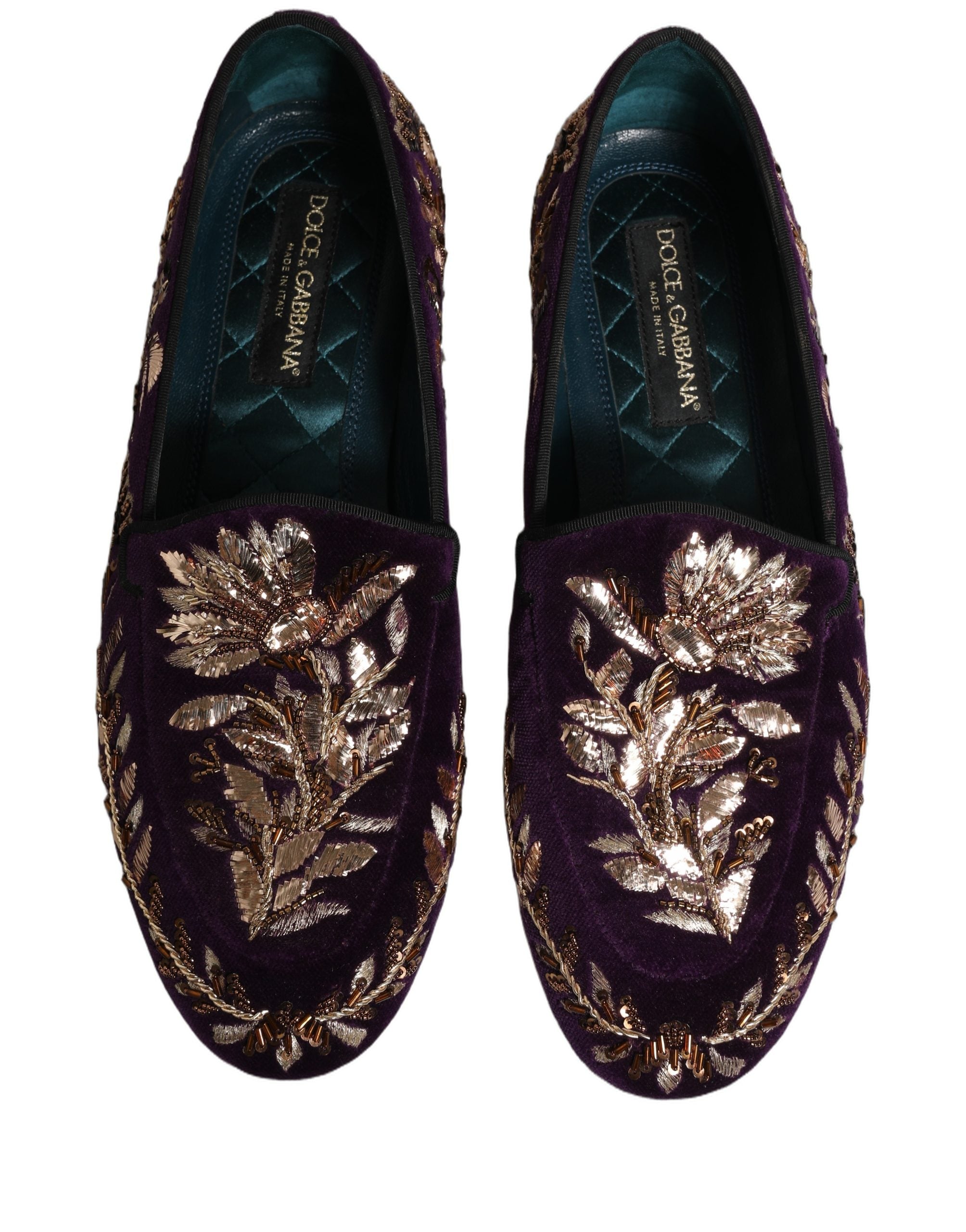 Mocassins Dolce & Gabbana Violet Velvet avec broderie florale et détails en velours, élégants et sophistiqués pour femme