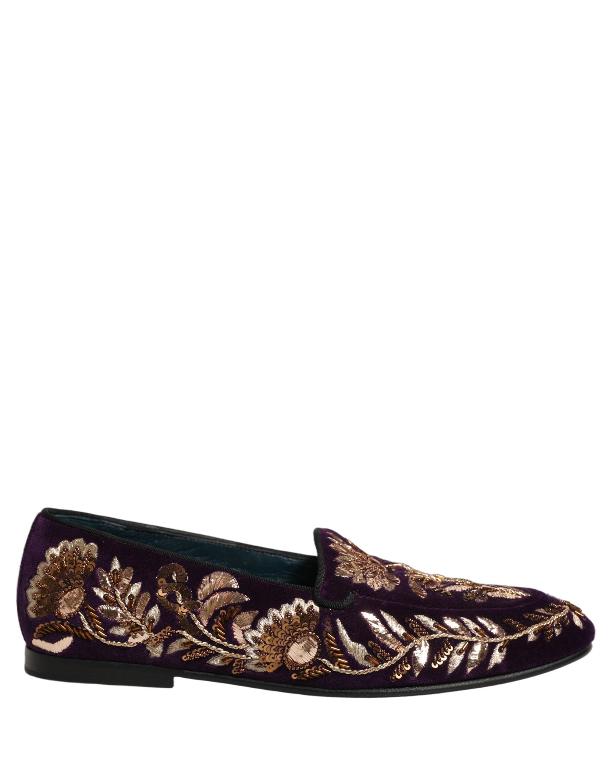Chaussures loafers Dolce & Gabbana Violet Velvet avec broderie florale élégante, confortables et sophistiquées.
