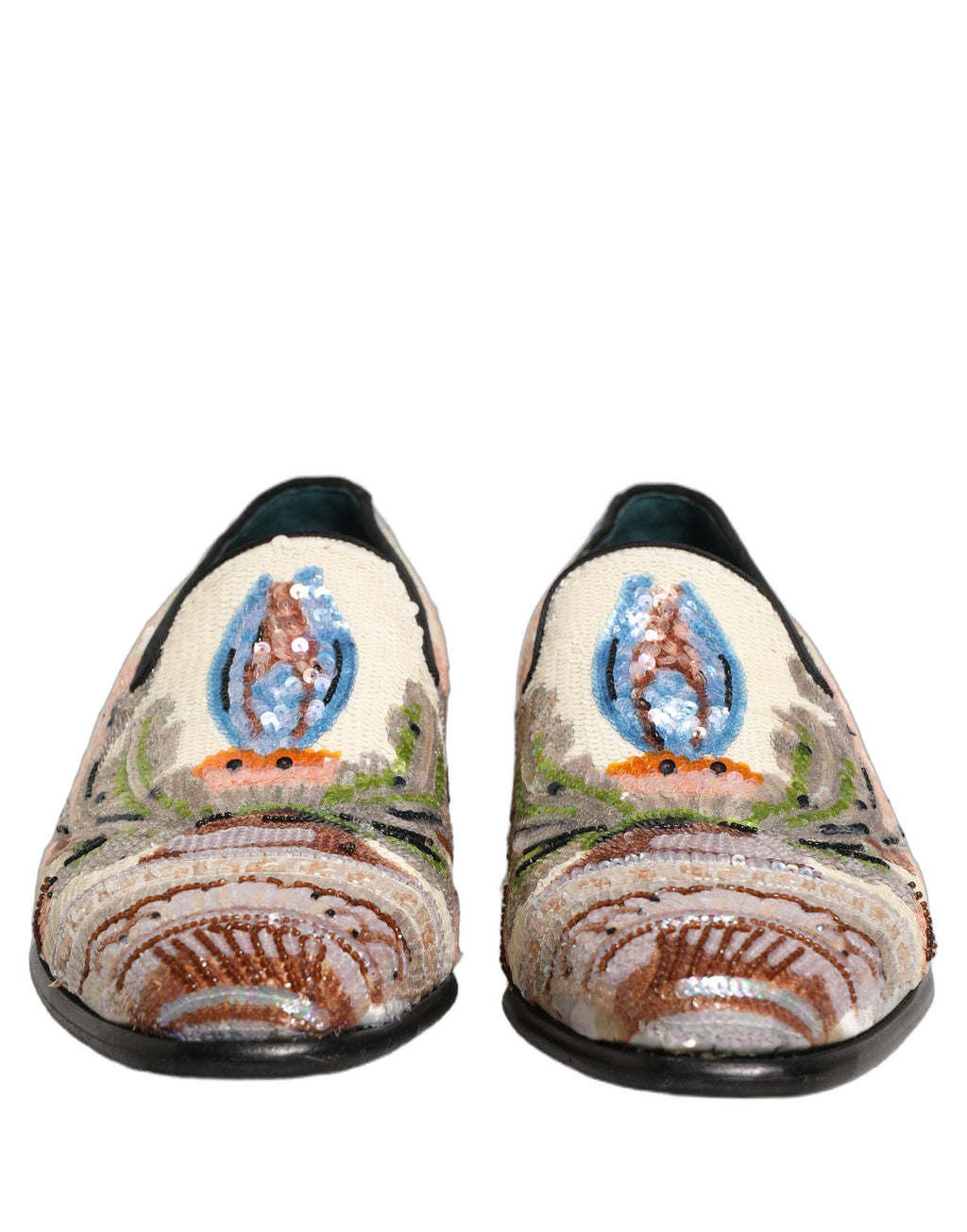 Mocassins Dolce & Gabbana à sequins multicolores et broderies, élégants et colorés, en cuir pour femmes.