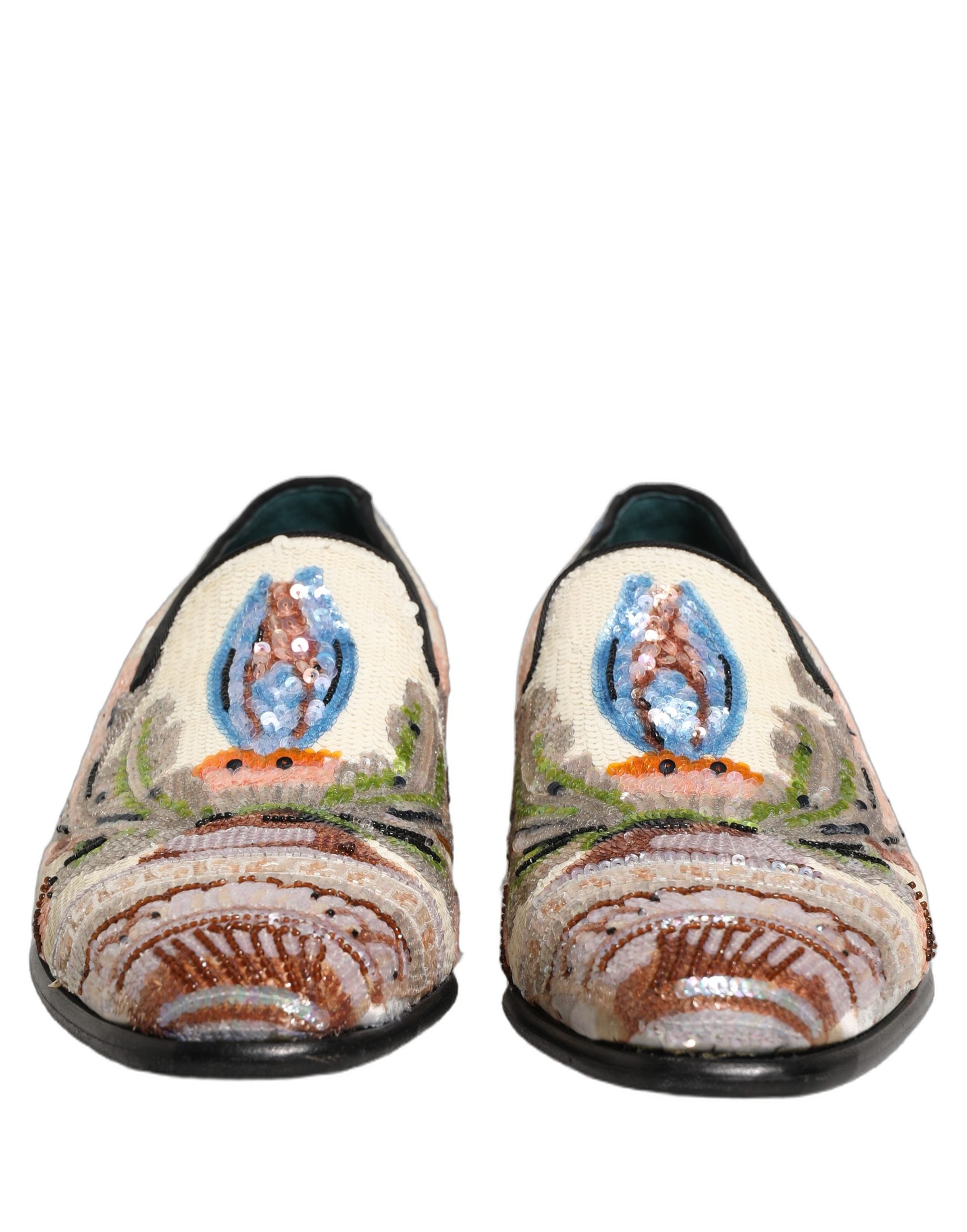 Mocassins Dolce & Gabbana à sequins multicolores et broderies, élégants et colorés, en cuir pour femmes.