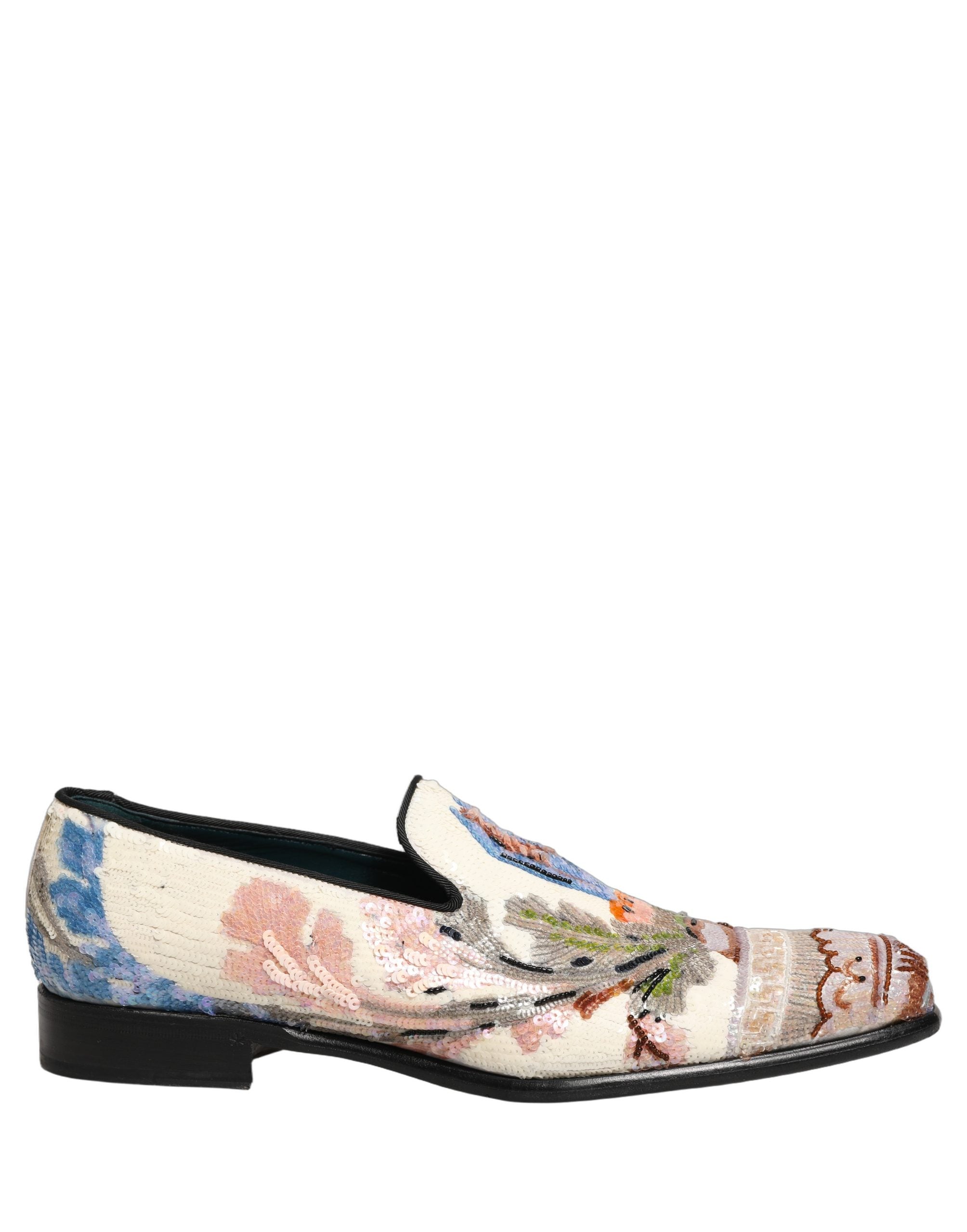 Mocassins Dolce & Gabbana à sequins multicolores et broderies, en cuir élégant avec semelle en caoutchouc.