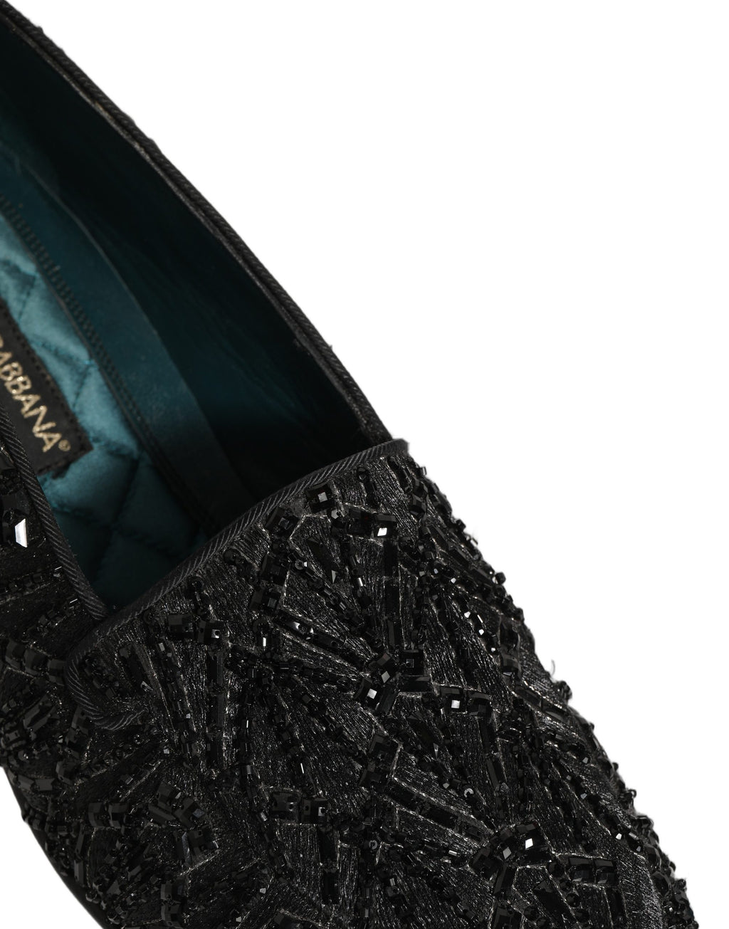 Chaussures loafers Dolce & Gabbana en velours noir avec broderies élégantes, mode chic et sophistiquée.