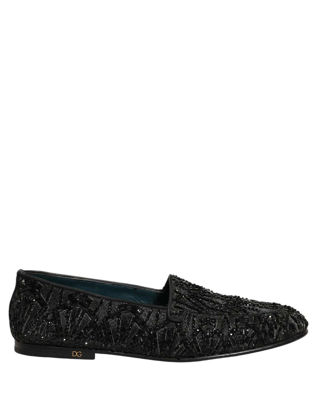 Chaussures loafers Dolce & Gabbana en velours noir brodé, élégantes et sophistiquées, vues de face sur fond neutre.