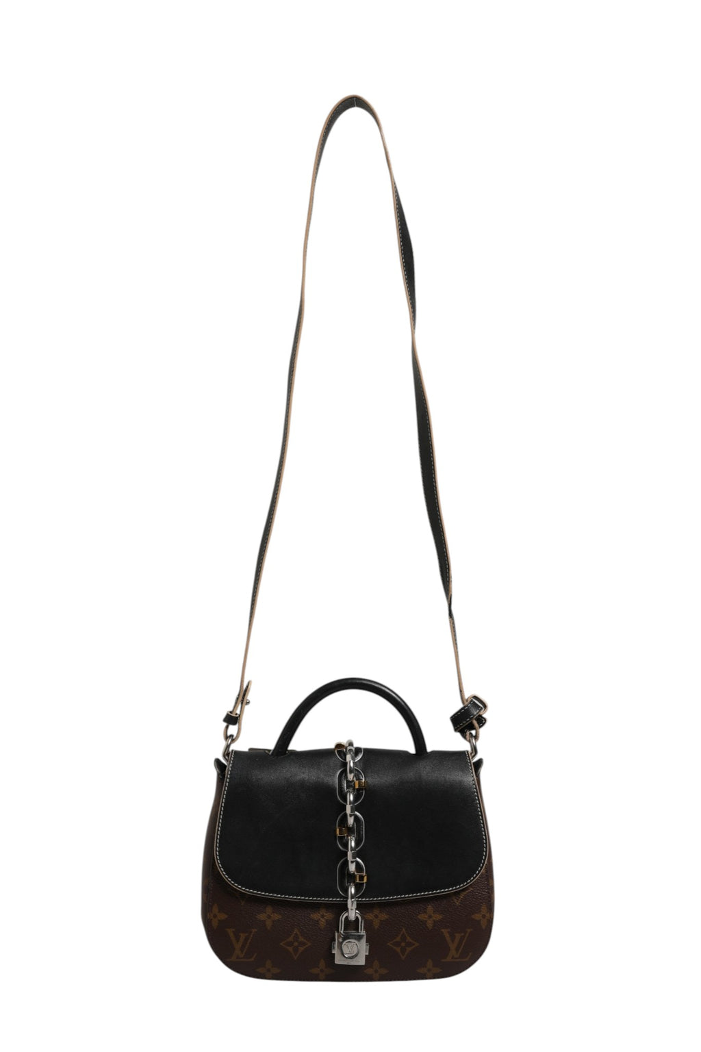 Sac à main Louis Vuitton Monogram Chain It en cuir de veau noir avec chaîne dorée, vue de face.